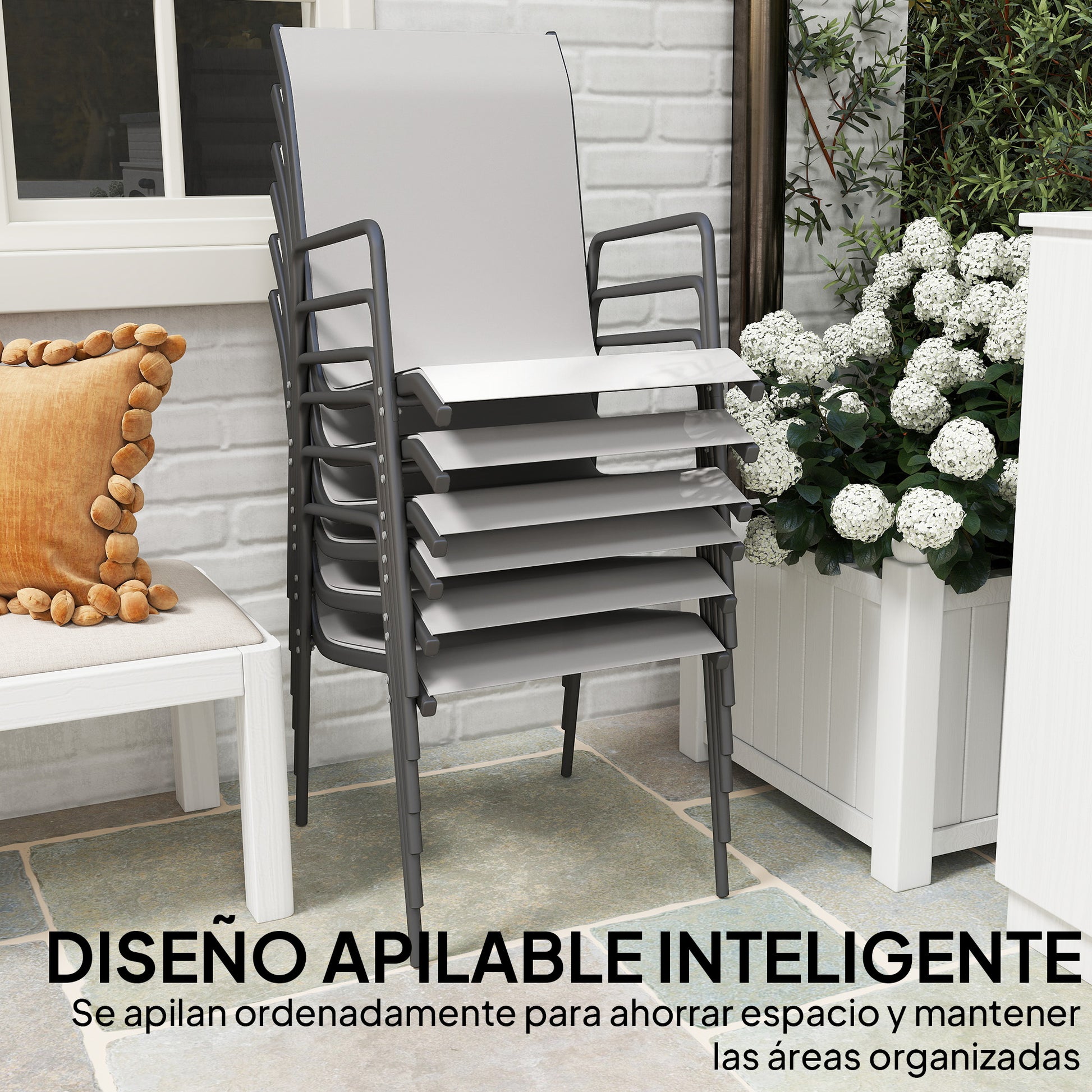 Outsunny Juego de 6 Sillas de Jardín Exterior Apilables, Sillas Terraza Exterior con Reposabrazos, Asiento y Respaldo de Malla Transpirable, Estructura Metálica Resistente, 51x69x87 cm, Gris Claro
