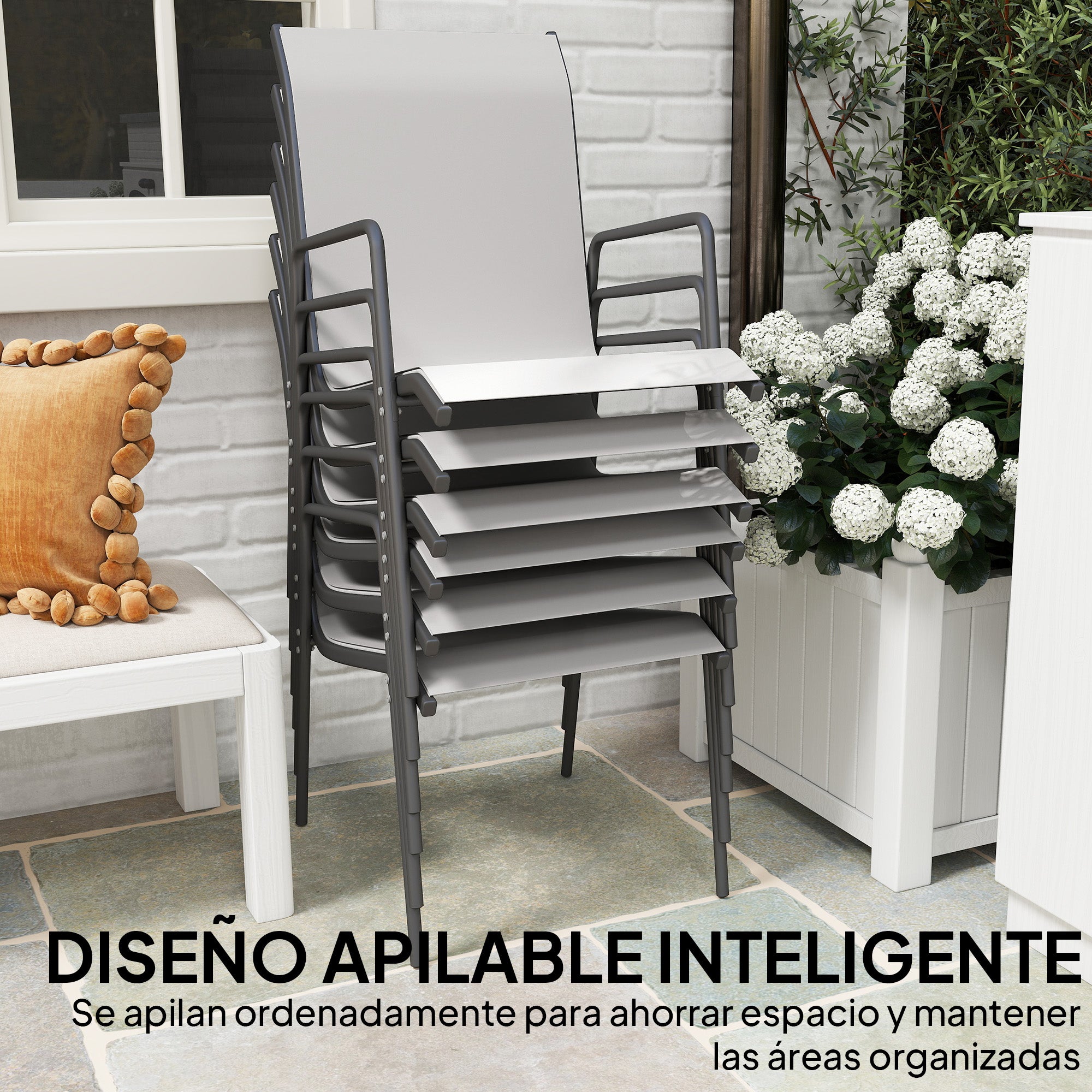 Outsunny Juego de 6 Sillas de Jardín Exterior Apilables, Sillas Terraza Exterior con Reposabrazos, Asiento y Respaldo de Malla Transpirable, Estructura Metálica Resistente, 51x69x87 cm, Gris Claro