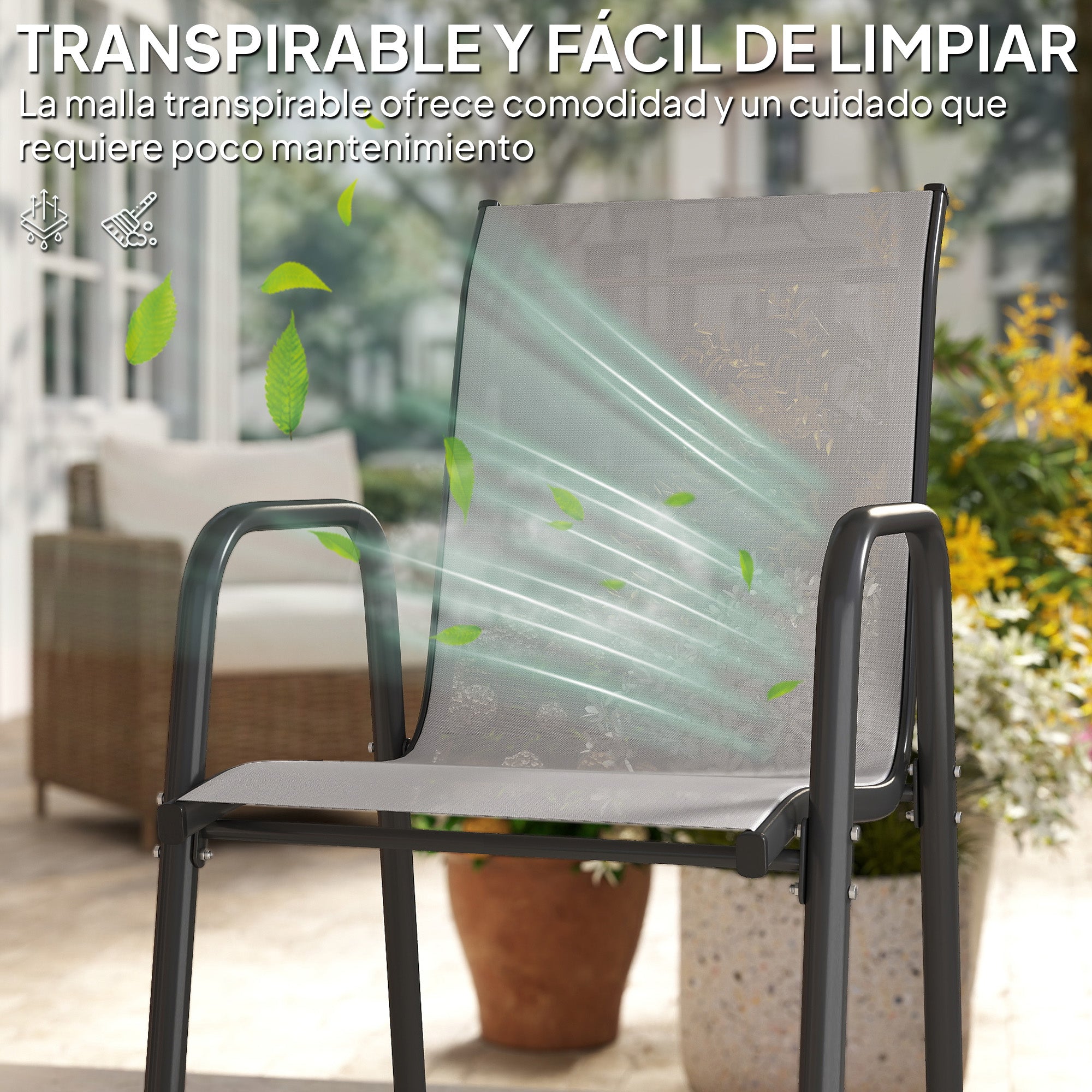 Outsunny Juego de 6 Sillas de Jardín Exterior Apilables, Sillas Terraza Exterior con Reposabrazos, Asiento y Respaldo de Malla Transpirable, Estructura Metálica Resistente, 51x69x87 cm, Gris Claro