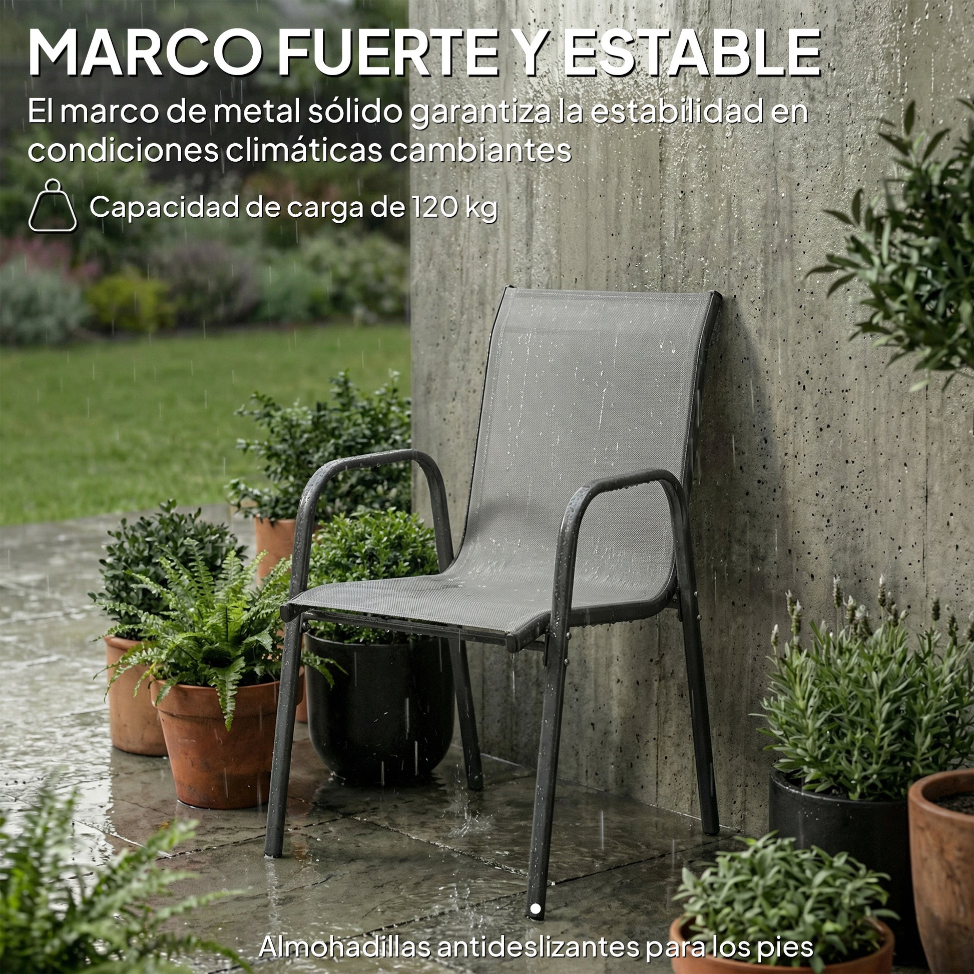 Outsunny Juego de 6 Sillas de Jardín Exterior Apilables, Sillas Terraza Exterior con Reposabrazos, Asiento y Respaldo de Malla Transpirable, Estructura Metálica Resistente, 51x69x87 cm, Gris Claro