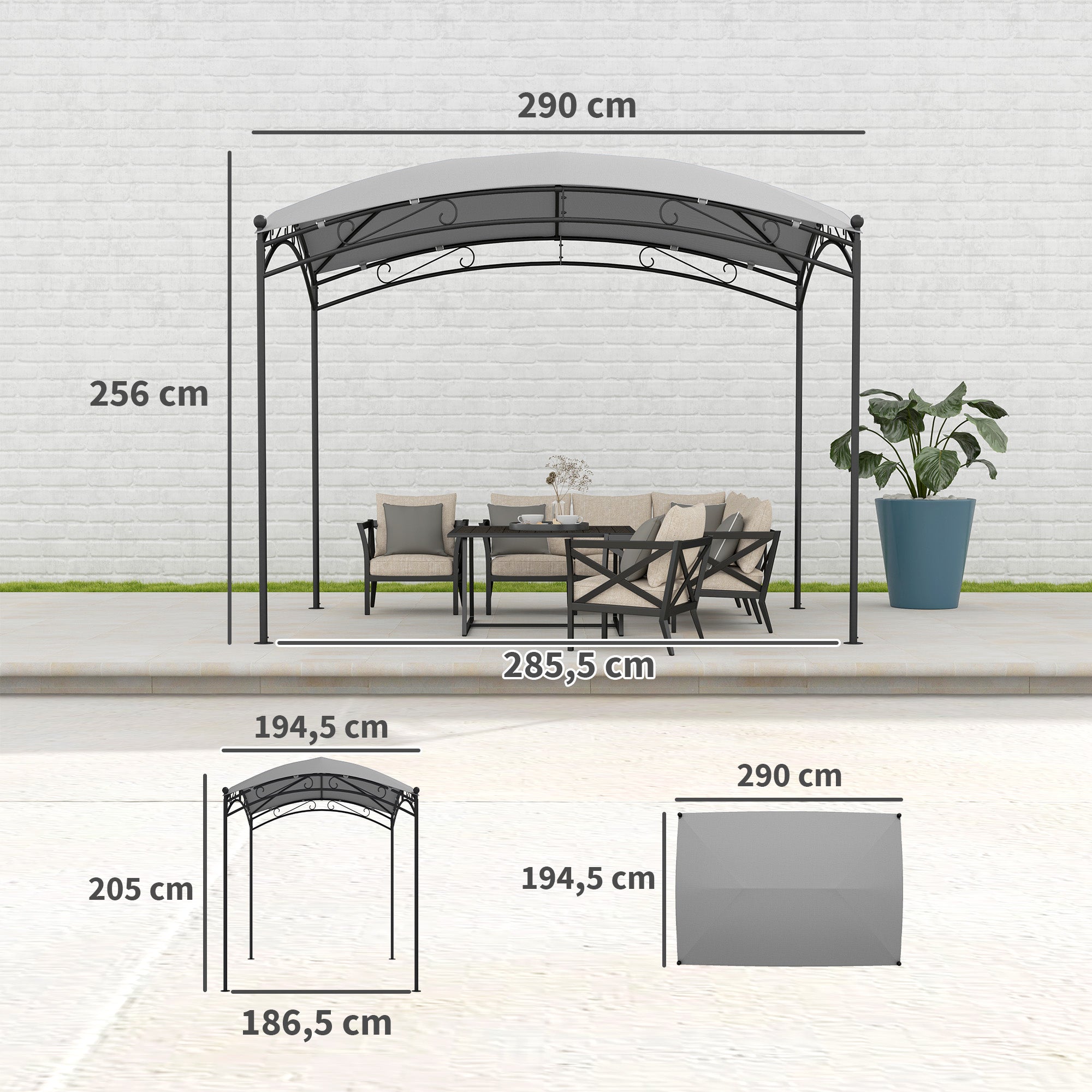 Outsunny Cenador para Jardín 3x2 m Pérgola de Jardín Gazebo con Cúpula Elegante y Estructura Metálica Impermeable Carpa para Exterior Terraza Patio Gris