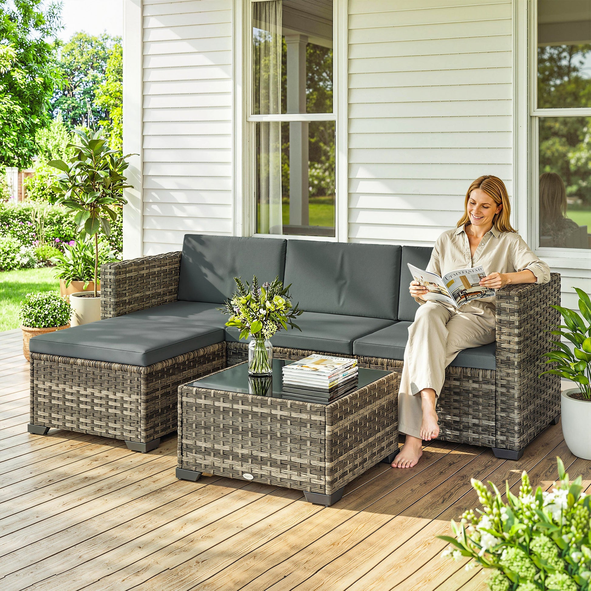 Outsunny Conjunto de Jardín de Ratán de 5 Piezas, Conjunto Terraza Resistente, Muebles Jardín Exterior Incluye Cojines, 2 Sillones de Esquina, Sillón sin Brazos, Reposapiés y Mesa Centro, Gris Oscuro