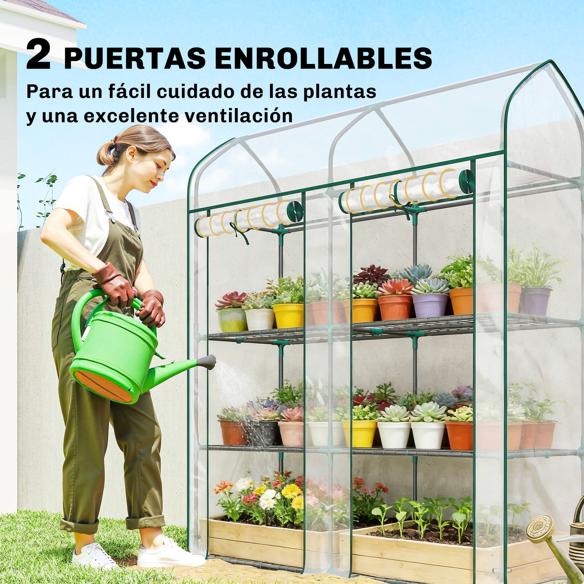 Outsunny Invernadero Pequeño de 3 Niveles, Invernadero de Exterior con 2 Puertas Enrollables, Marco de Acero y Cubierta de Plástico Anti-UV para Cultivar Plantas, Flores, 143x46x165 cm, Transparente
