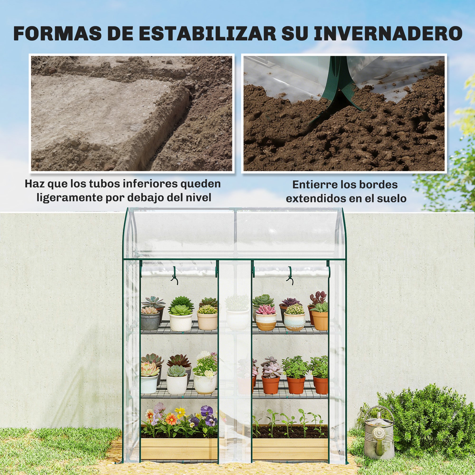 Outsunny Invernadero Pequeño de 3 Niveles, Invernadero de Exterior con 2 Puertas Enrollables, Marco de Acero y Cubierta de Plástico Anti-UV para Cultivar Plantas, Flores, 143x46x165 cm, Transparente
