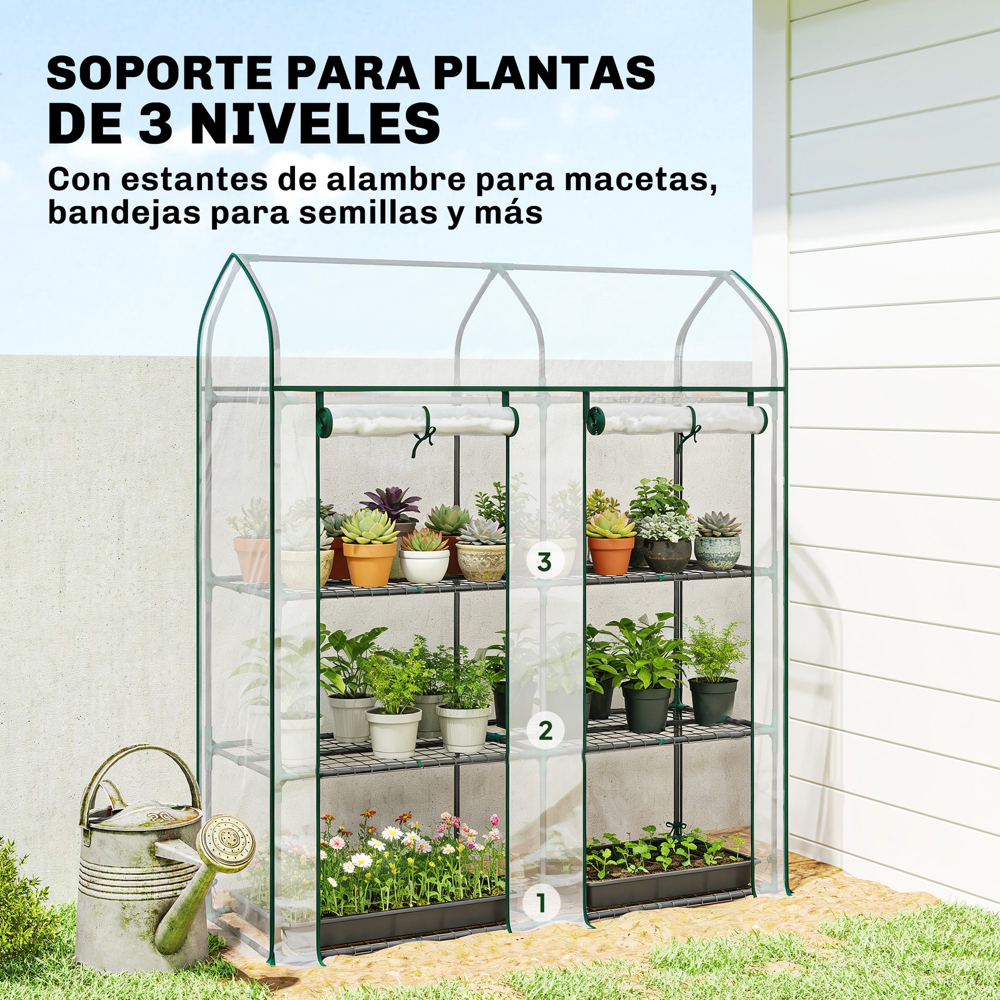 Outsunny Invernadero Pequeño de 3 Niveles, Invernadero de Exterior con 2 Puertas Enrollables, Marco de Acero y Cubierta de Plástico Anti-UV para Cultivar Plantas, Flores, 143x46x165 cm, Transparente