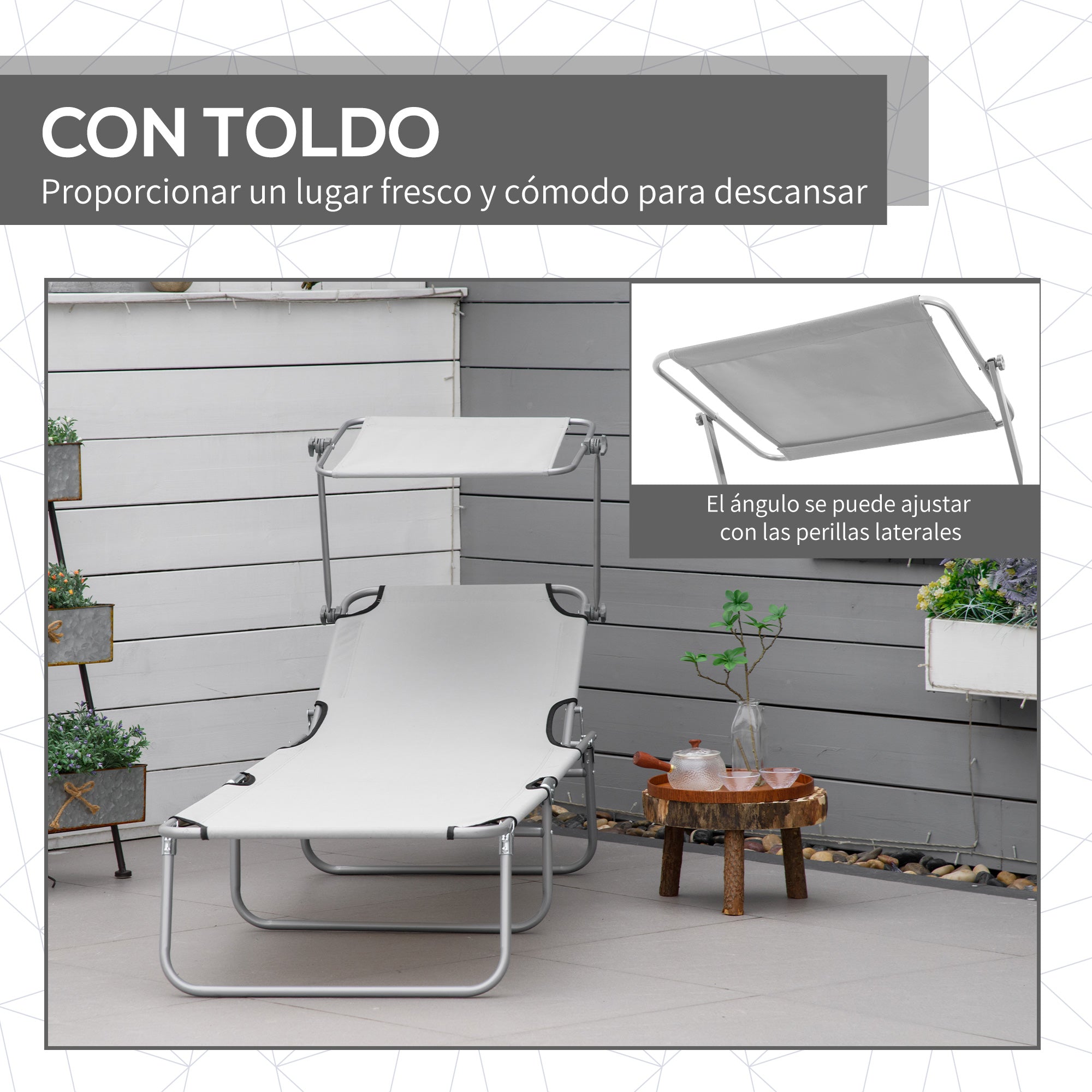 Outsunny Set de 2 Tumbonas Plegables Tumbonas de Jardín Exterior Reclinables con Toldo Desmontable con Ángulo Regulable Respaldo Ajustable en 4 Niveles para Terraza Piscina Patio 187x58x36 cm Gris