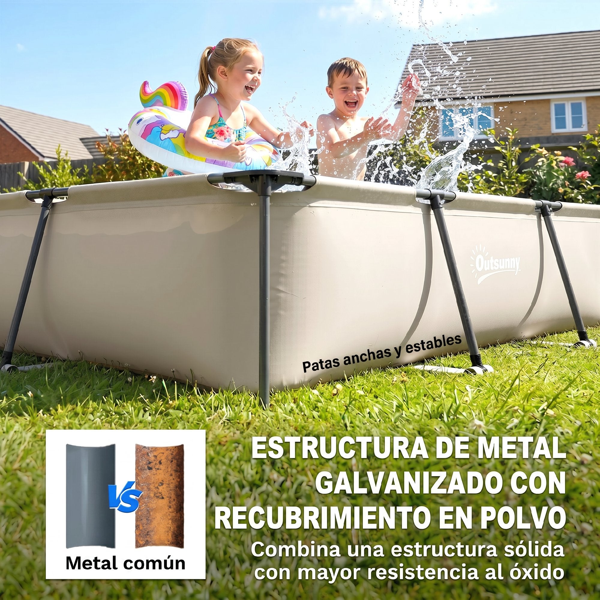 Outsunny Piscina Desmontable Tubular 316x238x66,5 cm 3700 L, Piscina Rectangular con Marco Metálico Estable, Parche de Reparación, Bomba de Filtro No Incluida para 2-4 Personas, Jardín, Exterior, Gris