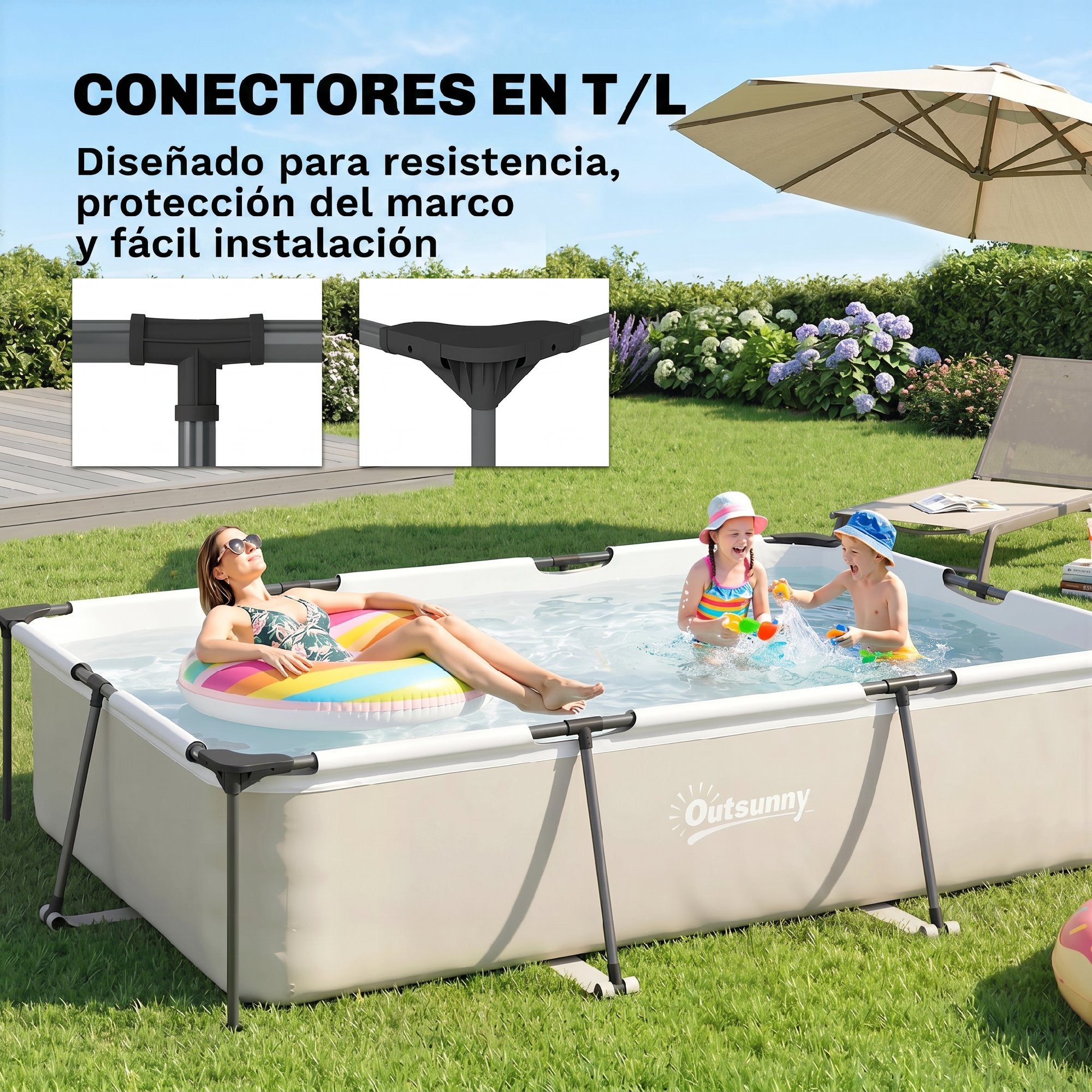 Outsunny Piscina Desmontable Tubular 316x238x66,5 cm 3700 L, Piscina Rectangular con Marco Metálico Estable, Parche de Reparación, Bomba de Filtro No Incluida para 2-4 Personas, Jardín, Exterior, Gris