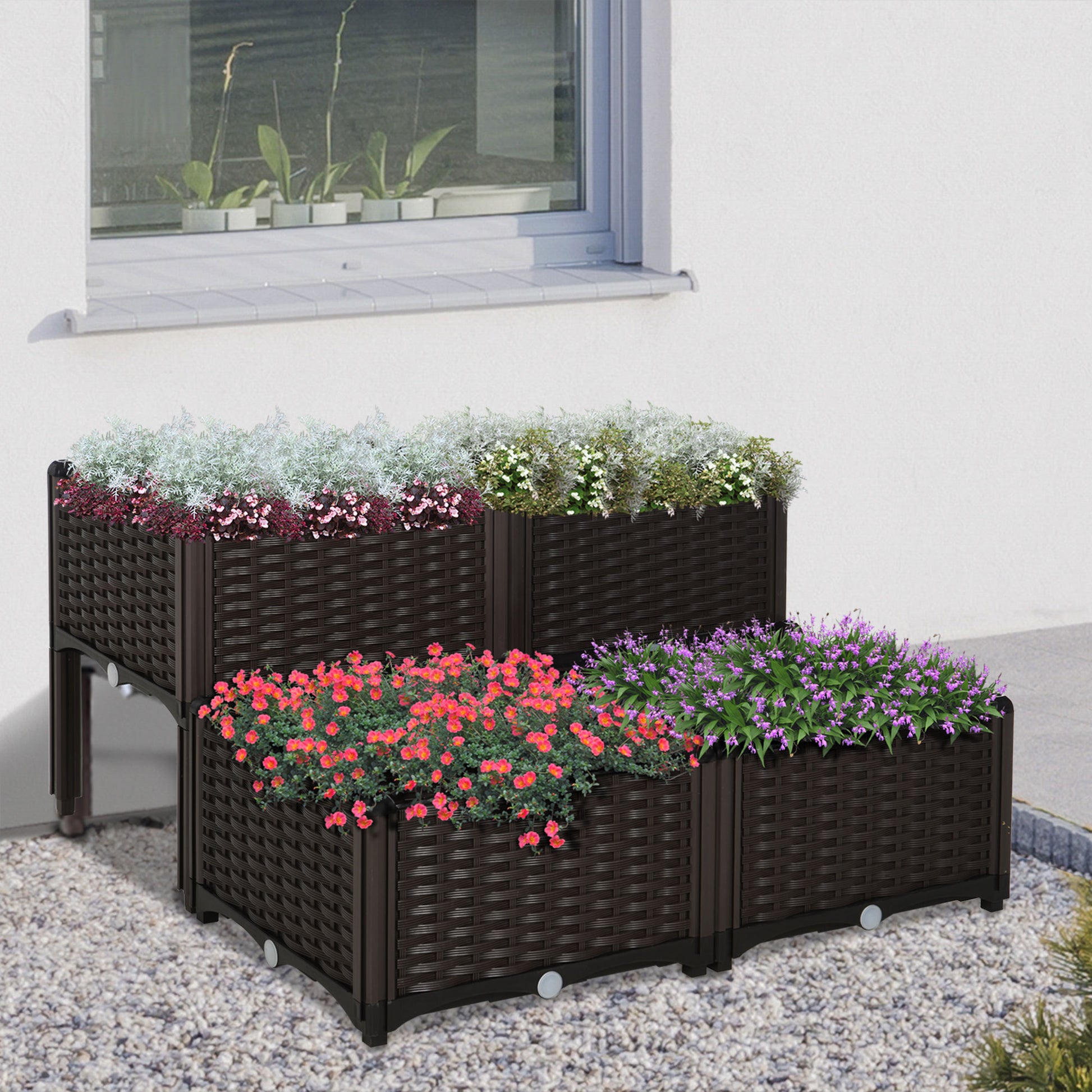 Outsunny Juego de 4 Jardineras de Exterior Jardineras Cuadradas Imitación a Mimbre Combinación Libre Maceteros para Jardín Patio 40x40x26/44 cm Marrón