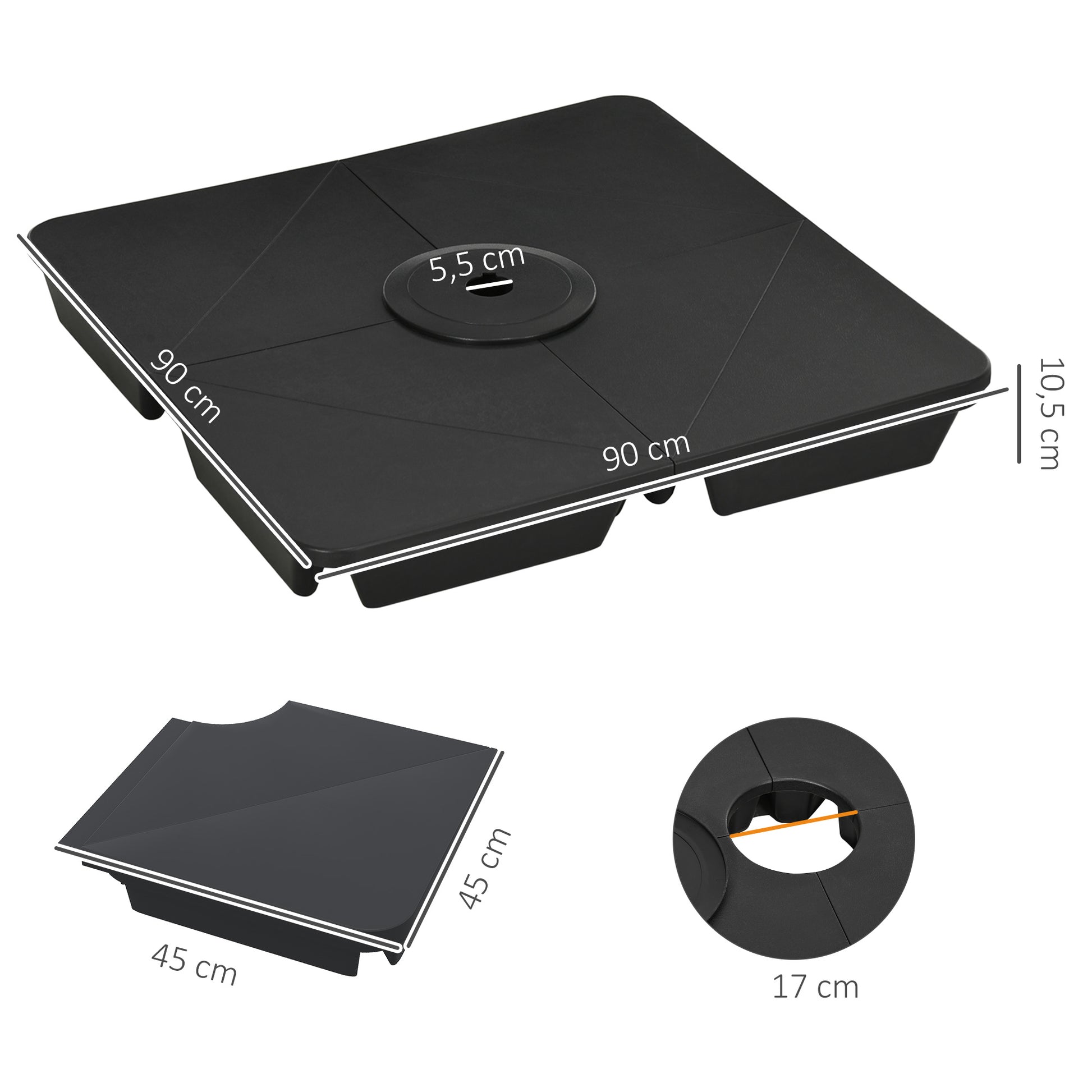 Outsunny Pesos para Base de Sombrilla en Voladizo de 4 Piezas Rellenable de Arena 120 kg o Agua 160 kg para Sombrilla de Plátano Base Cruzada 90x90x10,5 cm Negro