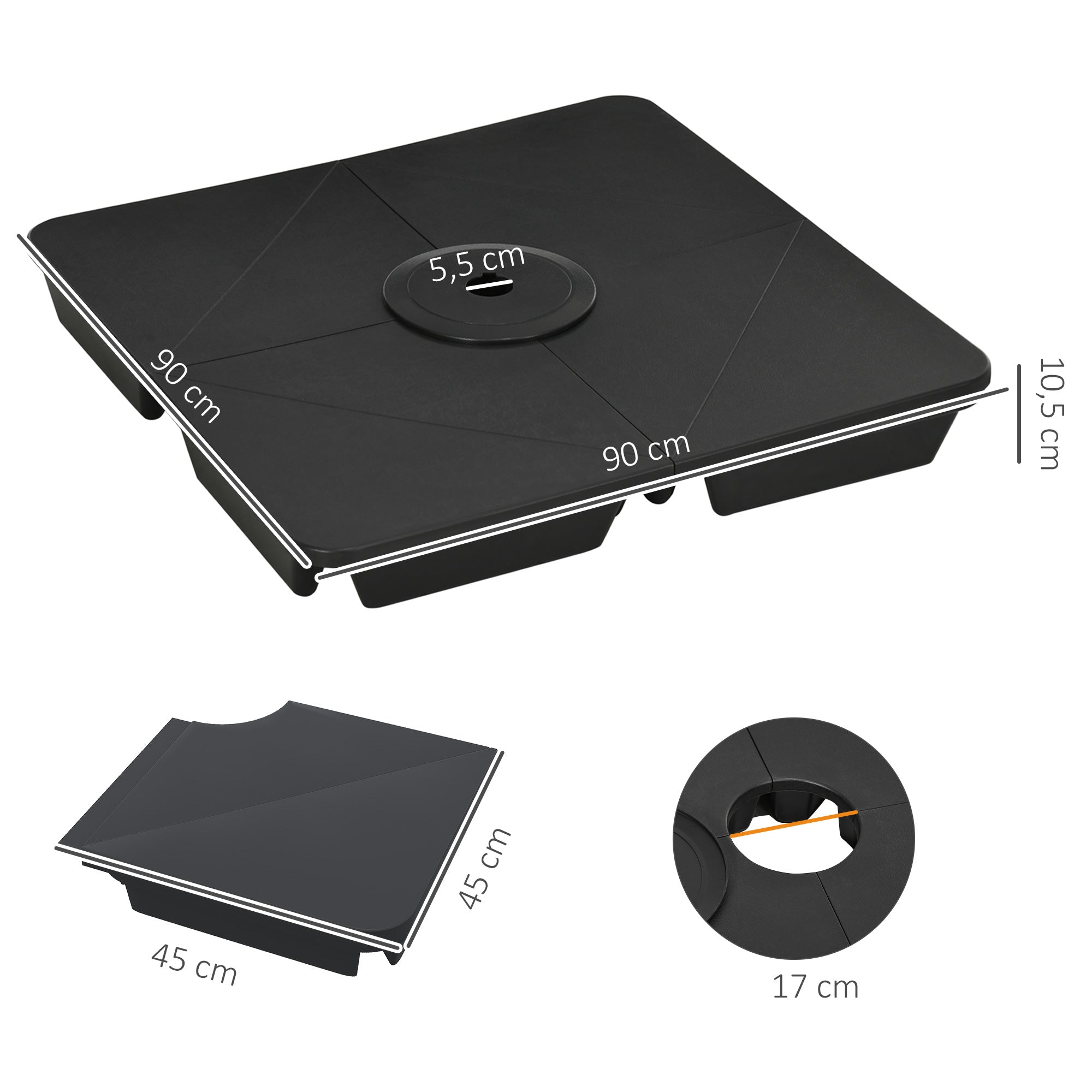 Outsunny Pesos para Base de Sombrilla en Voladizo de 4 Piezas Rellenable de Arena 120 kg o Agua 160 kg para Sombrilla de Plátano Base Cruzada 90x90x10,5 cm Negro