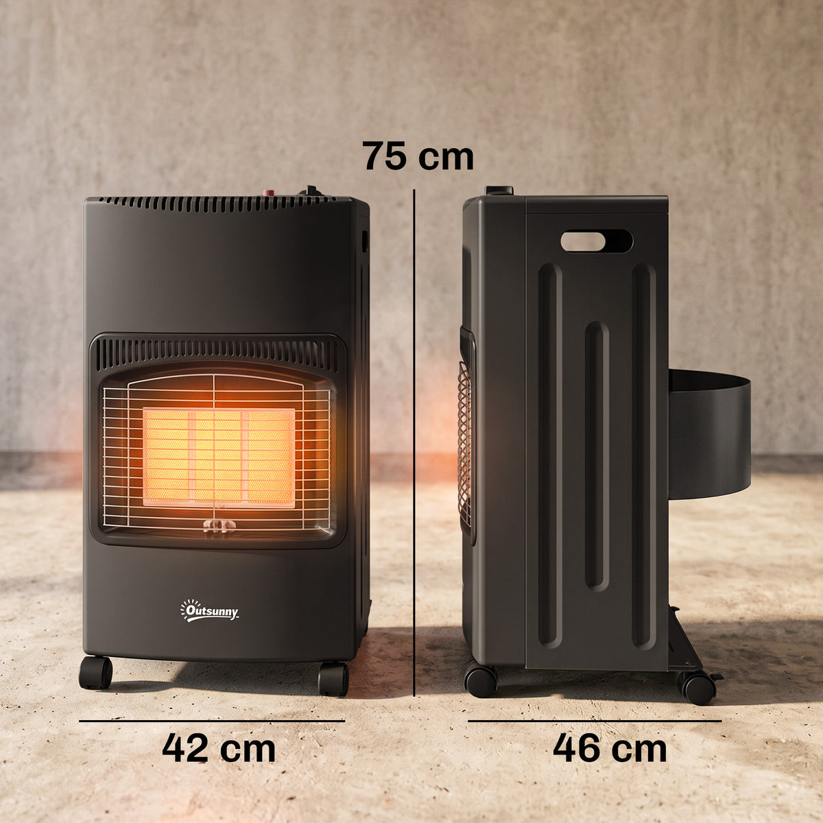 Outsunny Estufa de Gas Butano Exterior, 4,2 kW, Calefactor de Gas Terraza con Sensor ODS, 3 Niveles de Calor, Encendido Piezoeléctrico, Antivuelco, 4 Ruedas, Paneles Laterales Plegables, 25 m², Negro