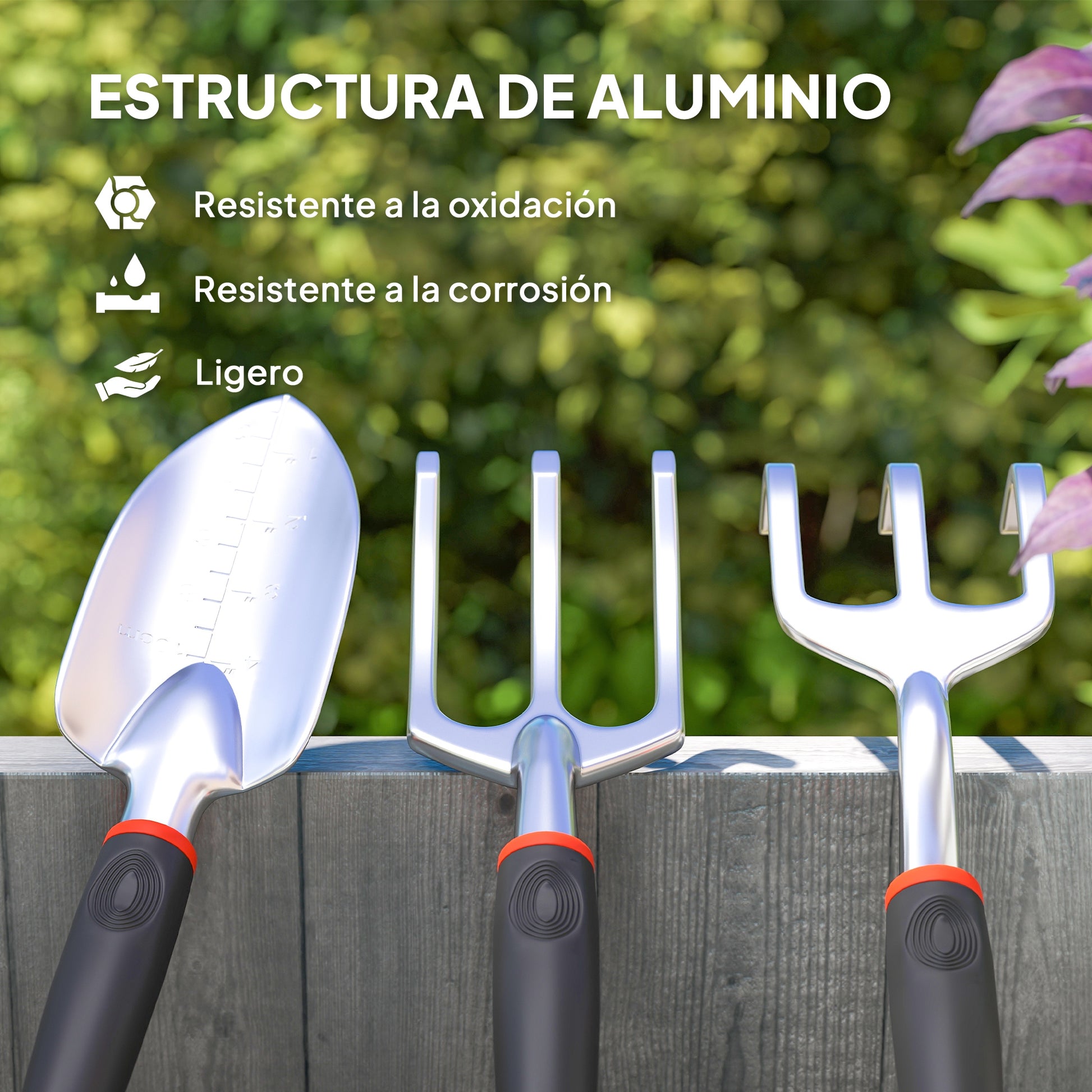 Outsunny Juego de Herramientas para Jardín de 9 Piezas Robusta Juego de Herramientas Jardinería de Aluminio con Tijeras de Podar con Bloqueo Seguro y Bolsa de Jardín Ligera para Mujeres y Hombres
