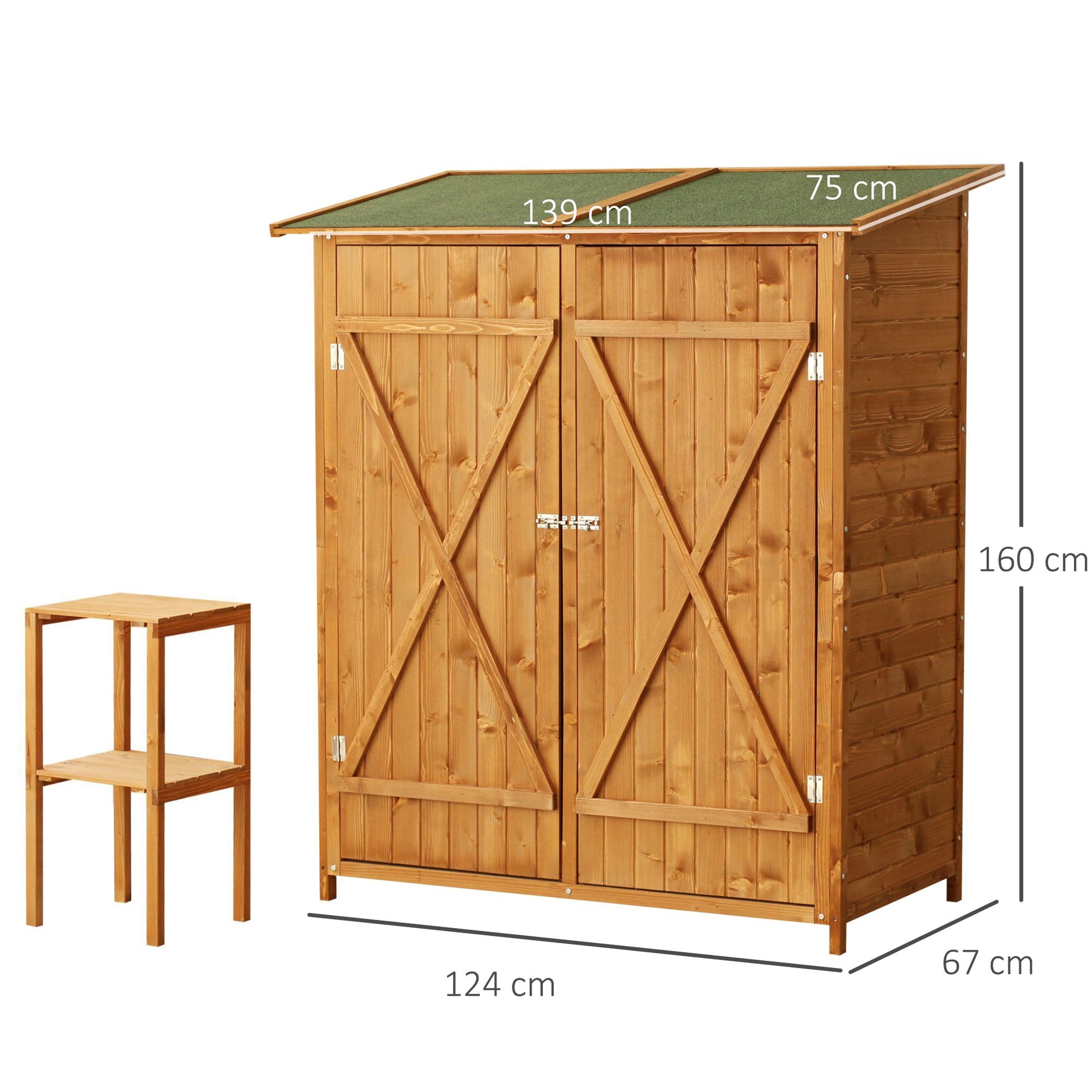 Outsunny Caseta de Jardín de Madera 139x75x160 cm Cobertizo para Almacenaje de Herramientas con Estantería Movible Puertas con Cerrojo Techo Asfáltico Madera Natural
