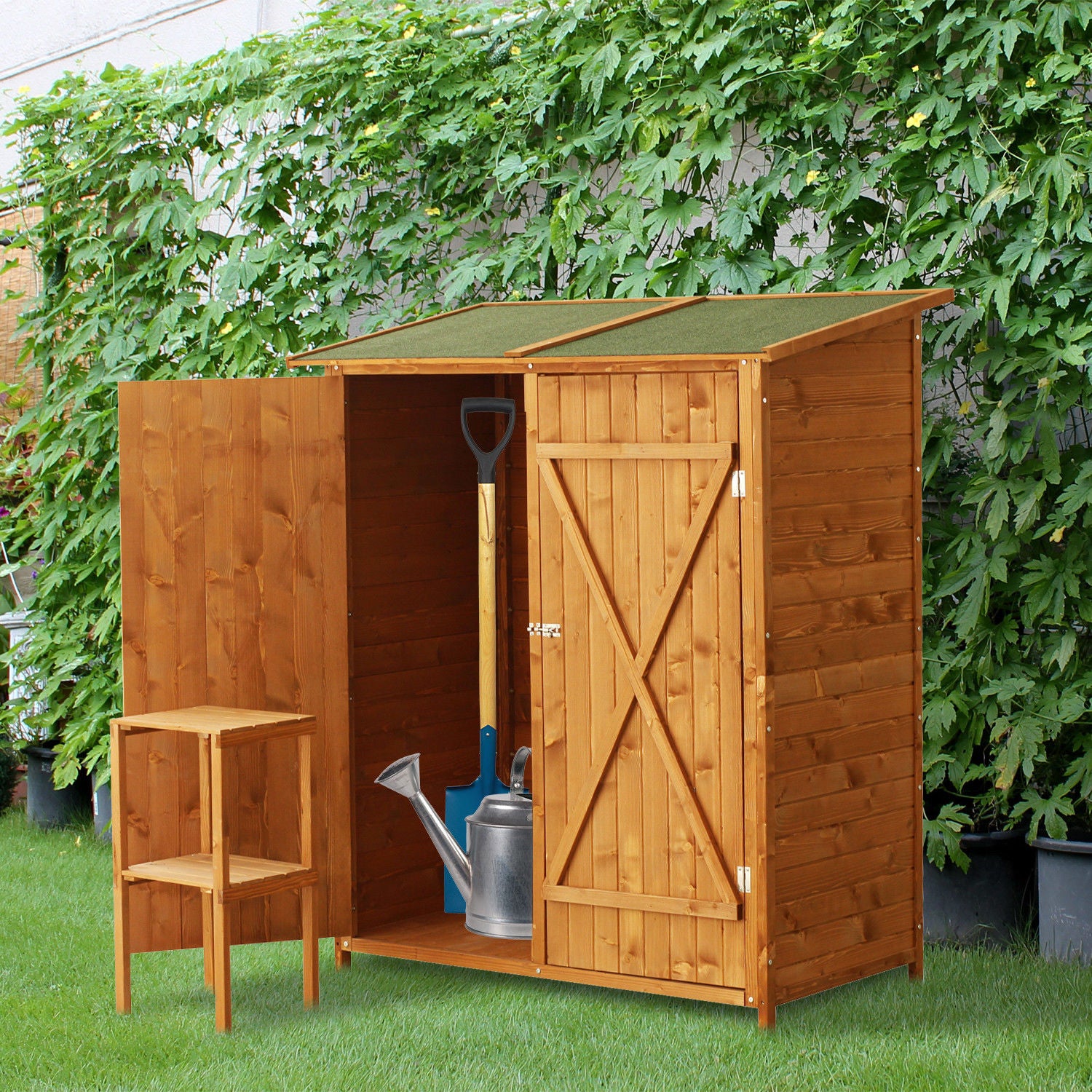 Outsunny Caseta de Jardín de Madera 139x75x160 cm Cobertizo para Almacenaje de Herramientas con Estantería Movible Puertas con Cerrojo Techo Asfáltico Madera Natural