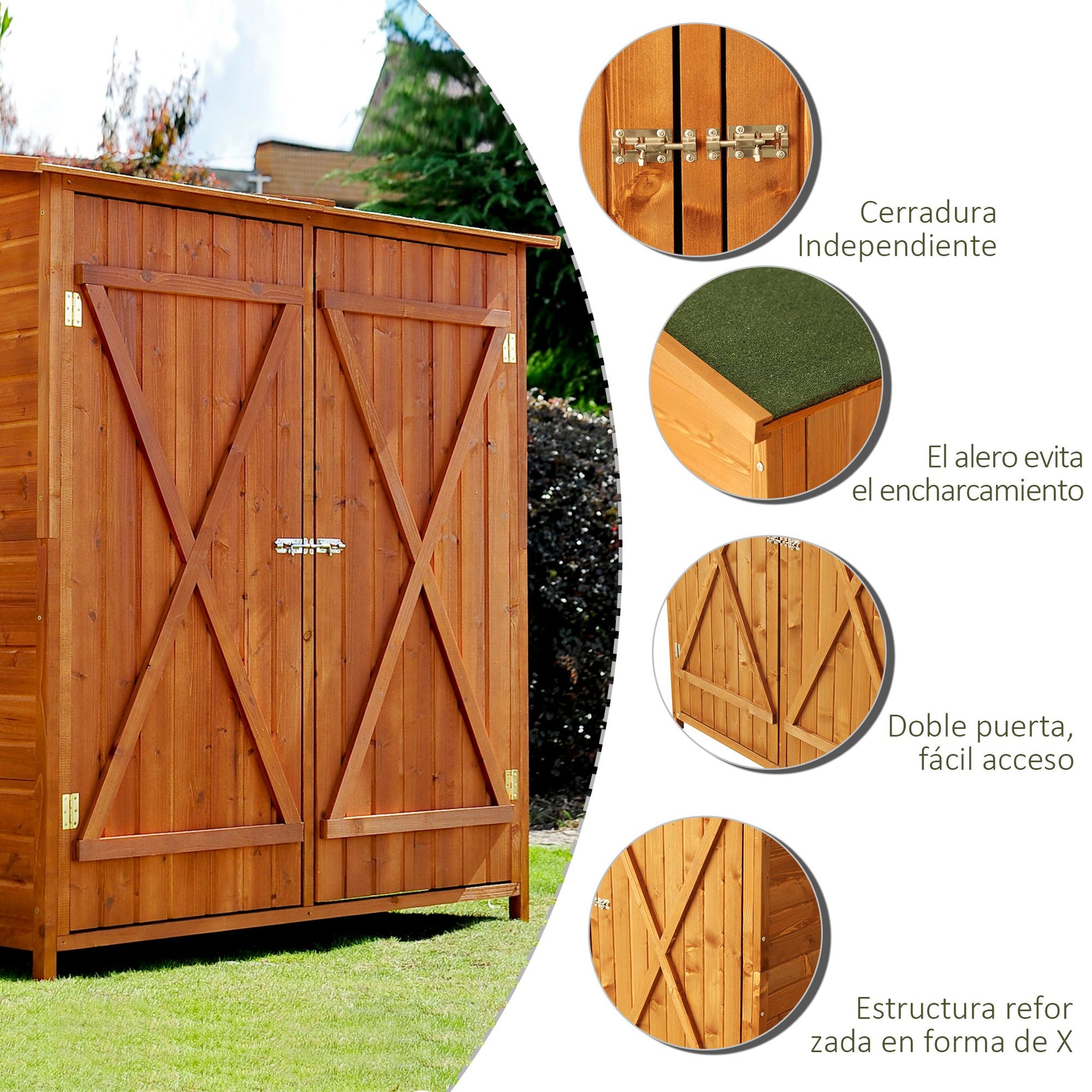 Outsunny Caseta de Jardín de Madera 139x75x160 cm Cobertizo para Almacenaje de Herramientas con Estantería Movible Puertas con Cerrojo Techo Asfáltico Madera Natural