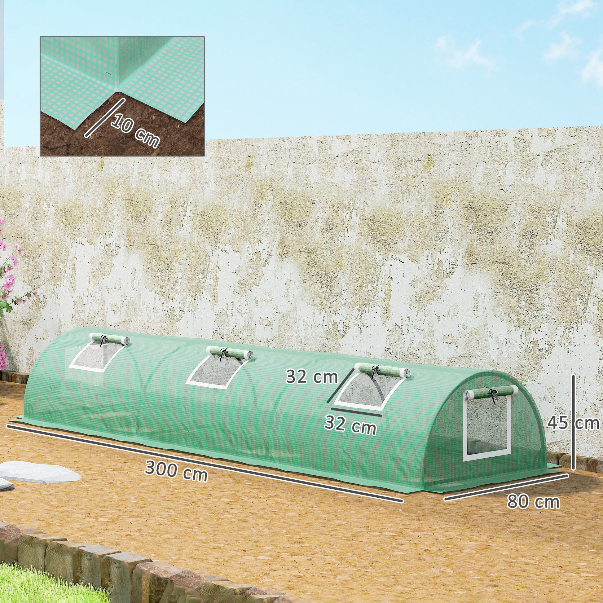 Outsunny Invernadero de Exterior, 300x80x45 cm, Invernadero de Jardín con 5 Ventanas Enrollables de Malla, Marco de Acero y Cubierta de PE 140g/㎡ Anti-UV para Cultivos, Plantas, Flores, Verde