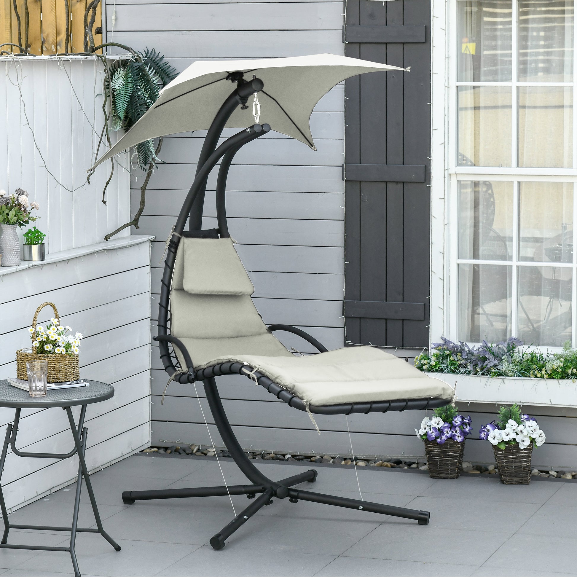 Outsunny Silla Colgante con Soporte Sillón Colgante con Toldo Cojín Estructura Metálica Antivuelco Carga 120 kg para Jardín Patio Terraza 190x110x190 cm Gris