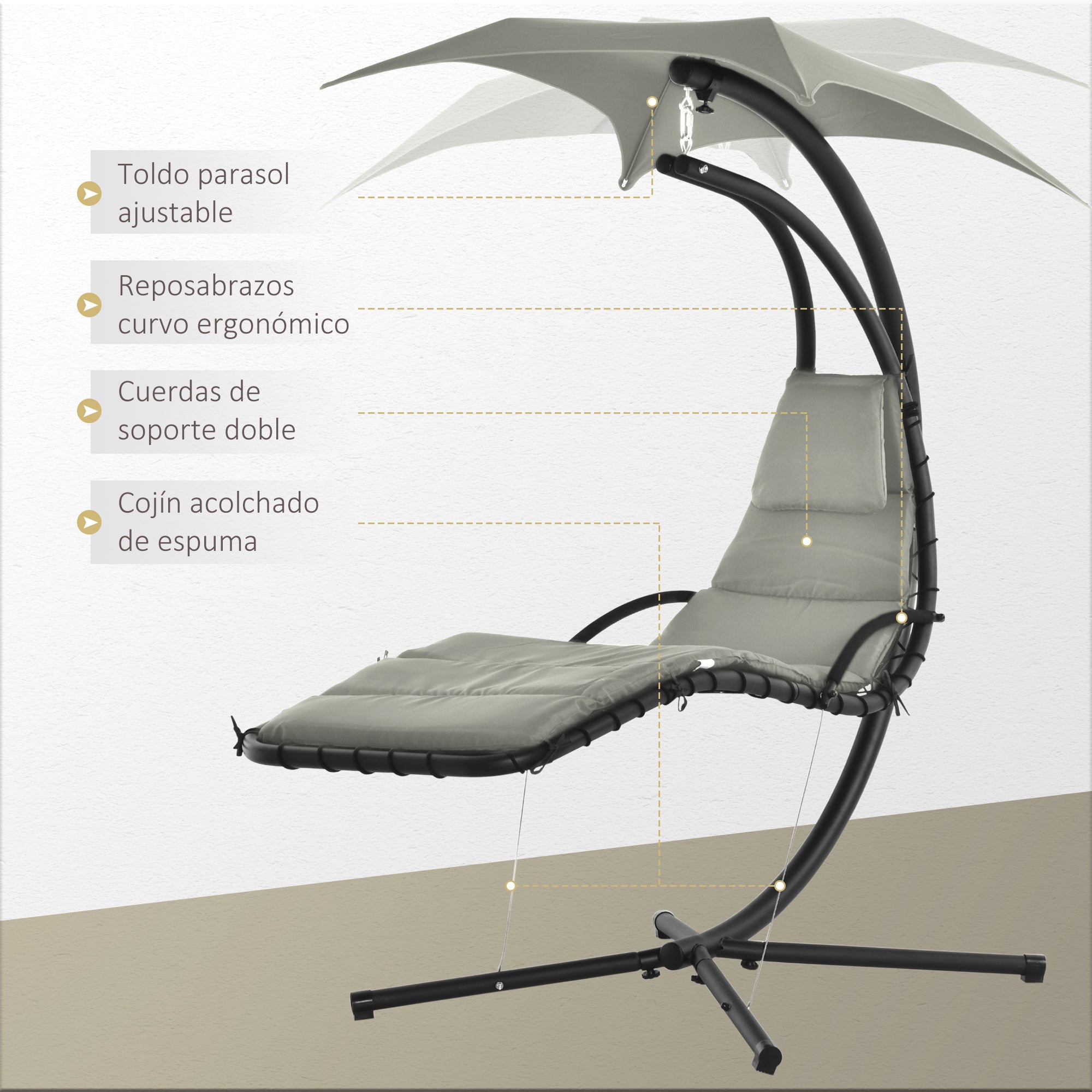 Outsunny Silla Colgante con Soporte Sillón Colgante con Toldo Cojín Estructura Metálica Antivuelco Carga 120 kg para Jardín Patio Terraza 190x110x190 cm Gris
