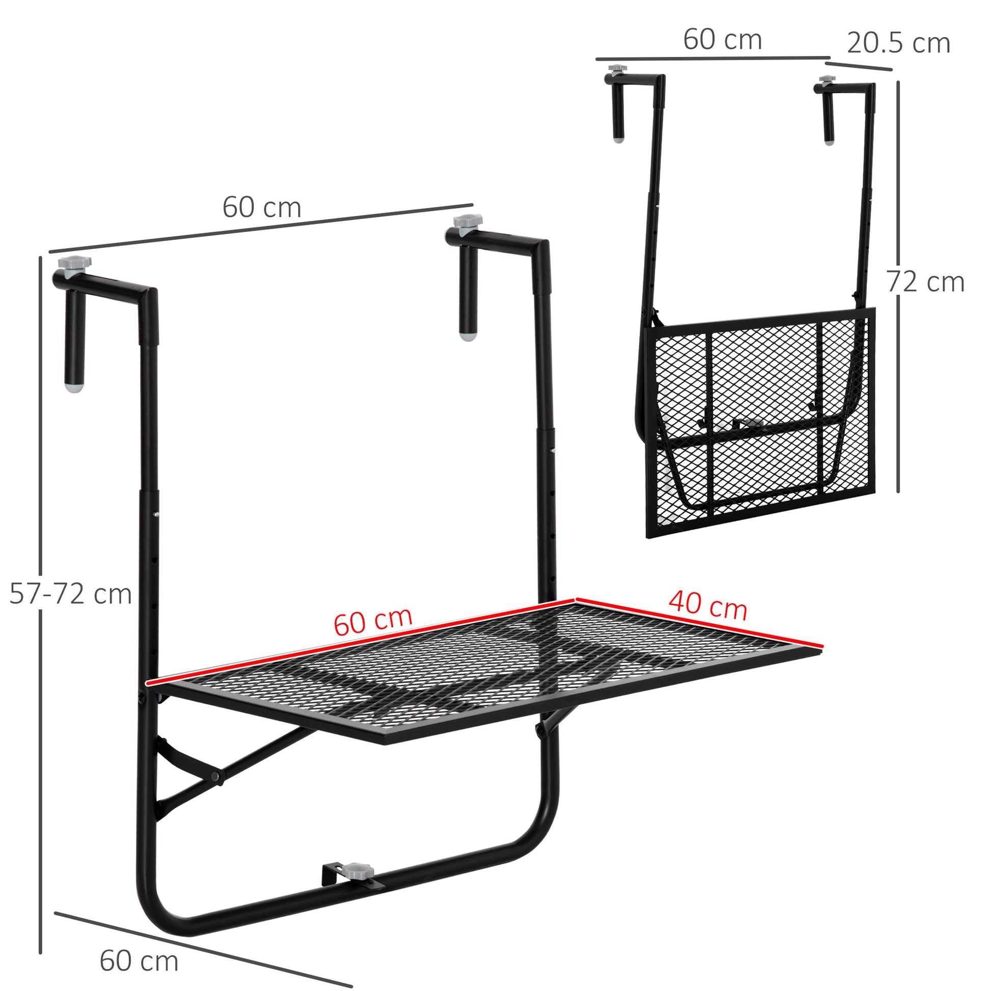 Outsunny Mesa Colgante de Balcón, Mesa Plegable para Balcón de Metal para Barandilla, con Altura Ajustable en 4 Niveles, Carga 10 kg, para Terraza, Jardín, Exterior, 60x60x57-72 cm, Negro