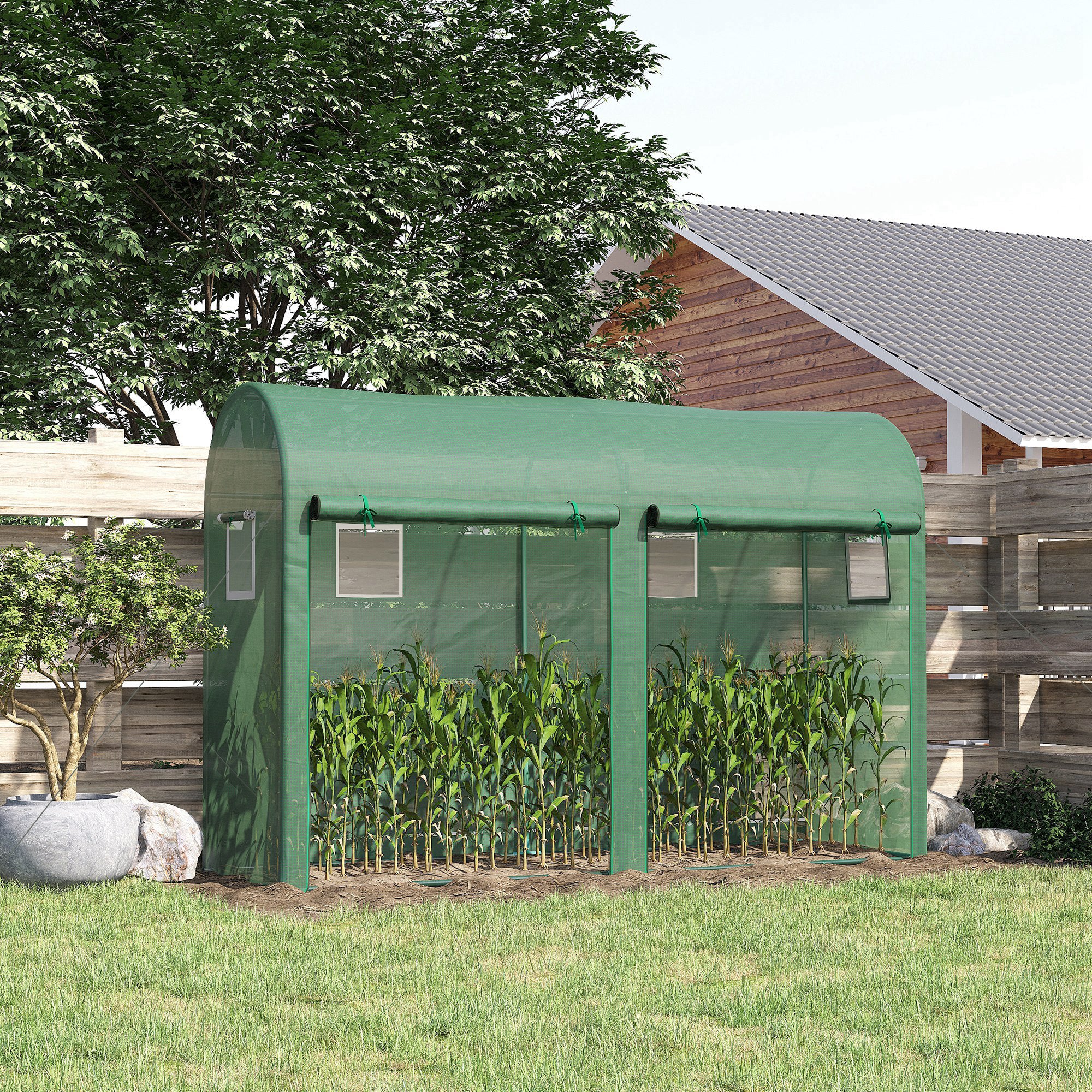 Outsunny Invernadero 300x100x200 cm Caseta de Jardín Invernadero con 4 Ventanas y 2 Puertas para Cultivos Plantas Flores de PE y Acero Verde