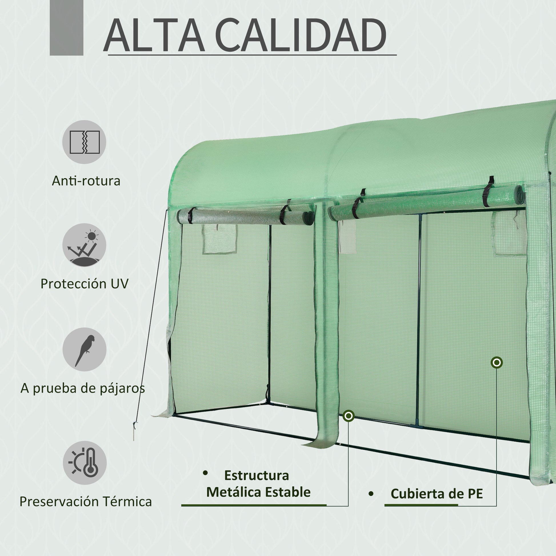 Outsunny Invernadero 300x100x200 cm Caseta de Jardín Invernadero con 4 Ventanas y 2 Puertas para Cultivos Plantas Flores de PE y Acero Verde
