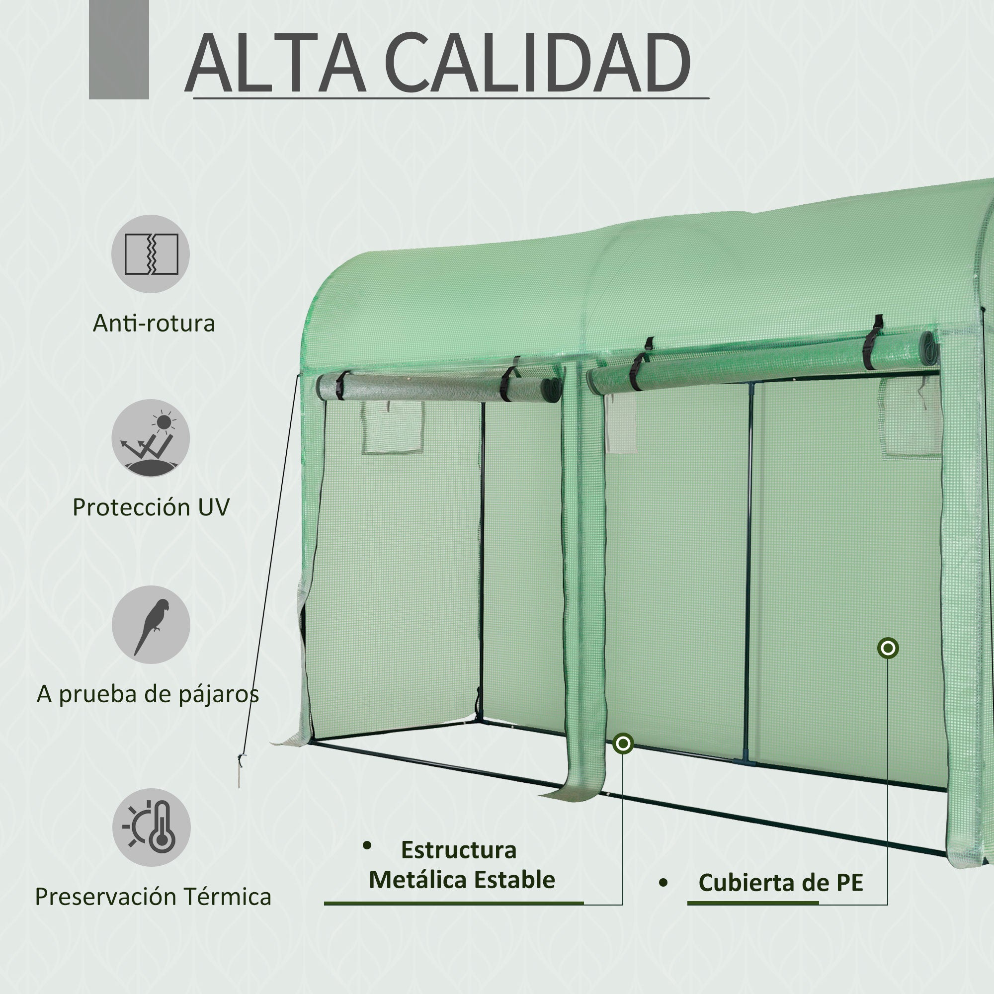 Outsunny Invernadero 300x100x200 cm Caseta de Jardín Invernadero con 4 Ventanas y 2 Puertas para Cultivos Plantas Flores de PE y Acero Verde