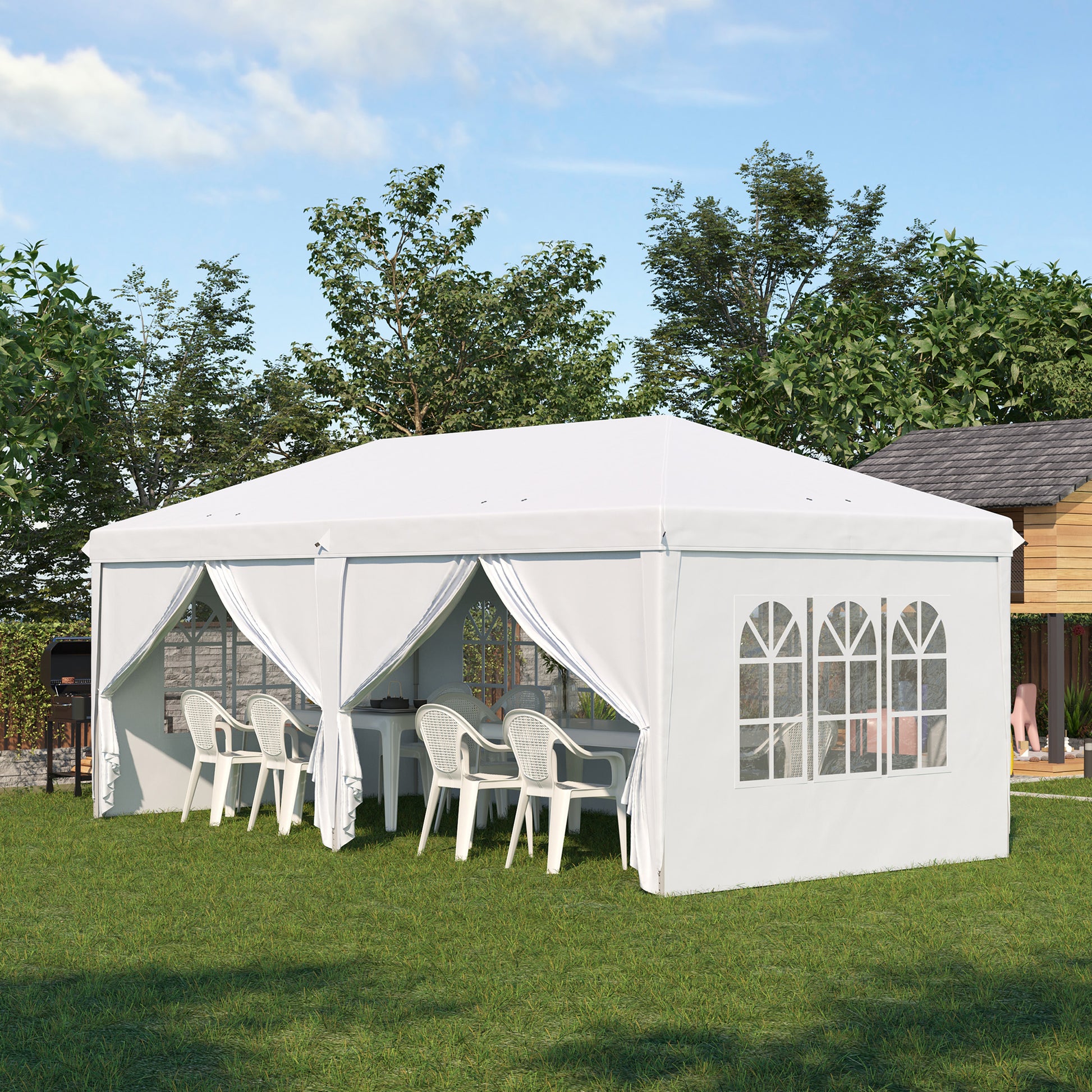 Outsunny Carpa Plegable 6x3x2,7 m Cenador de Jardín Gazebo Plegable con 4 Paneles 4 Ventanas 2 Puertas con Cremallera 1 Bolsa Anti-UV Impermeable para Exterior Terraza Patio Playa Blanco