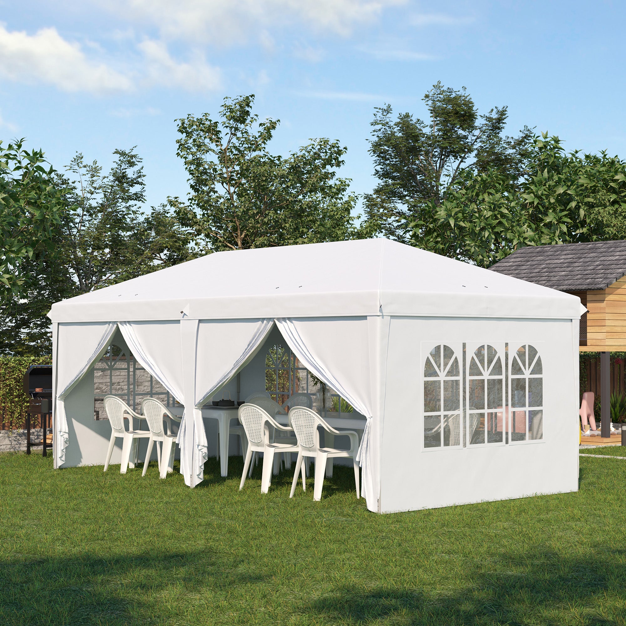 Outsunny Carpa Plegable 6x3x2,7 m Cenador de Jardín Gazebo Plegable con 4 Paneles 4 Ventanas 2 Puertas con Cremallera 1 Bolsa Anti-UV Impermeable para Exterior Terraza Patio Playa Blanco