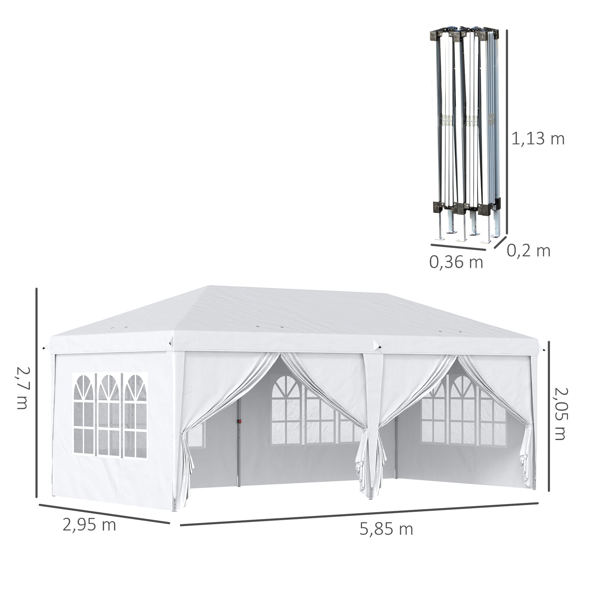 Outsunny Carpa Plegable 6x3x2,7 m Cenador de Jardín Gazebo Plegable con 4 Paneles 4 Ventanas 2 Puertas con Cremallera 1 Bolsa Anti-UV Impermeable para Exterior Terraza Patio Playa Blanco