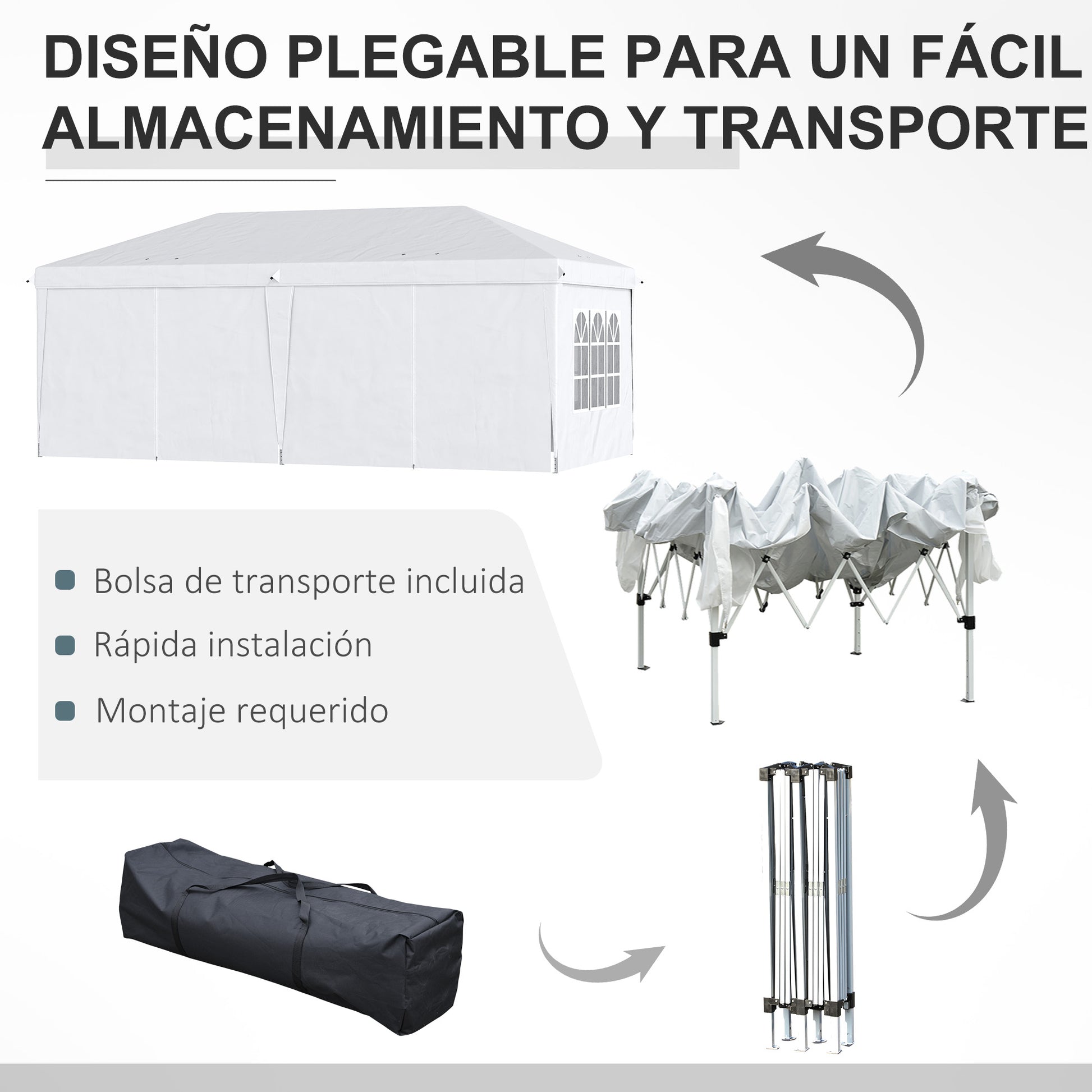 Outsunny Carpa Plegable 6x3x2,7 m Cenador de Jardín Gazebo Plegable con 4 Paneles 4 Ventanas 2 Puertas con Cremallera 1 Bolsa Anti-UV Impermeable para Exterior Terraza Patio Playa Blanco