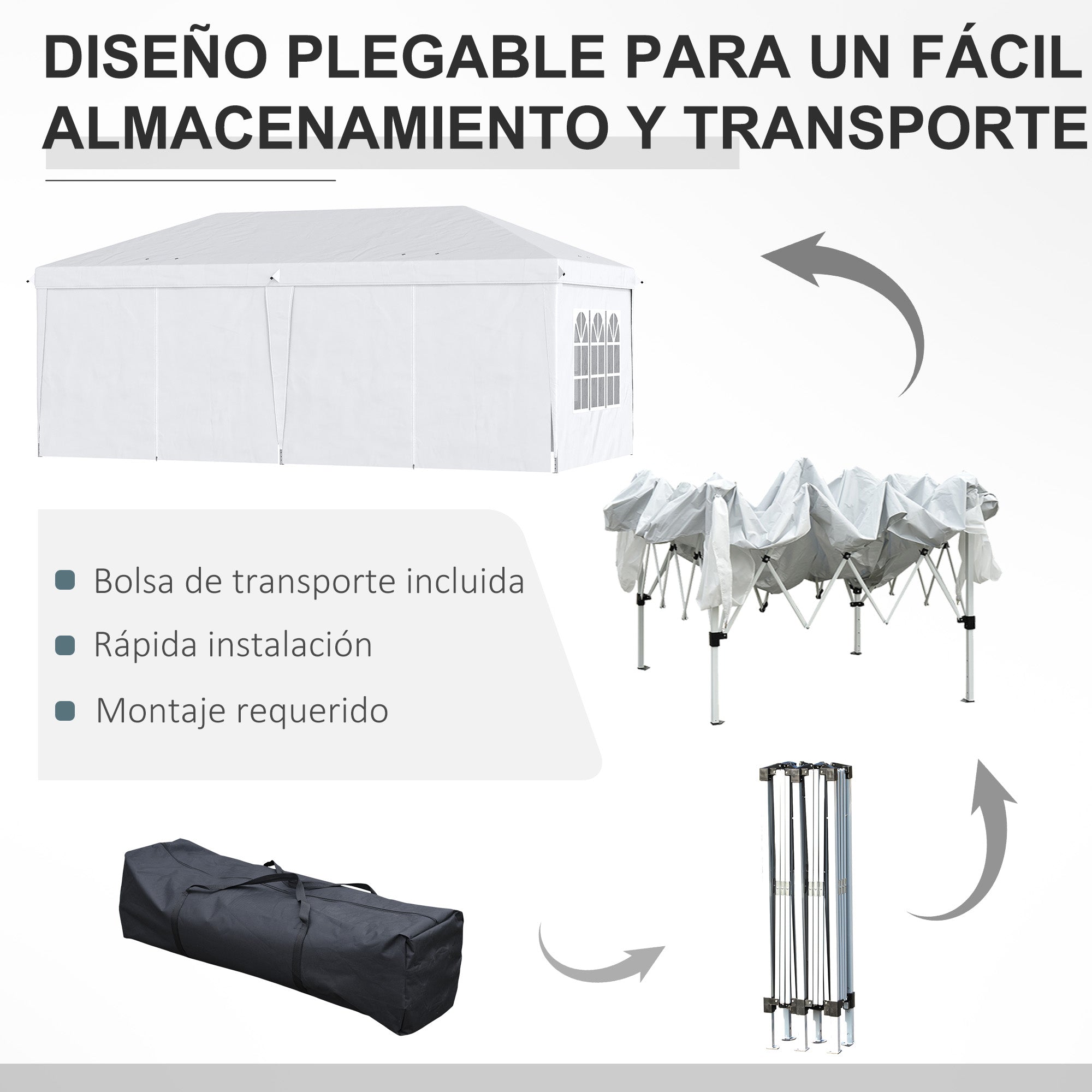 Outsunny Carpa Plegable 6x3x2,7 m Cenador de Jardín Gazebo Plegable con 4 Paneles 4 Ventanas 2 Puertas con Cremallera 1 Bolsa Anti-UV Impermeable para Exterior Terraza Patio Playa Blanco