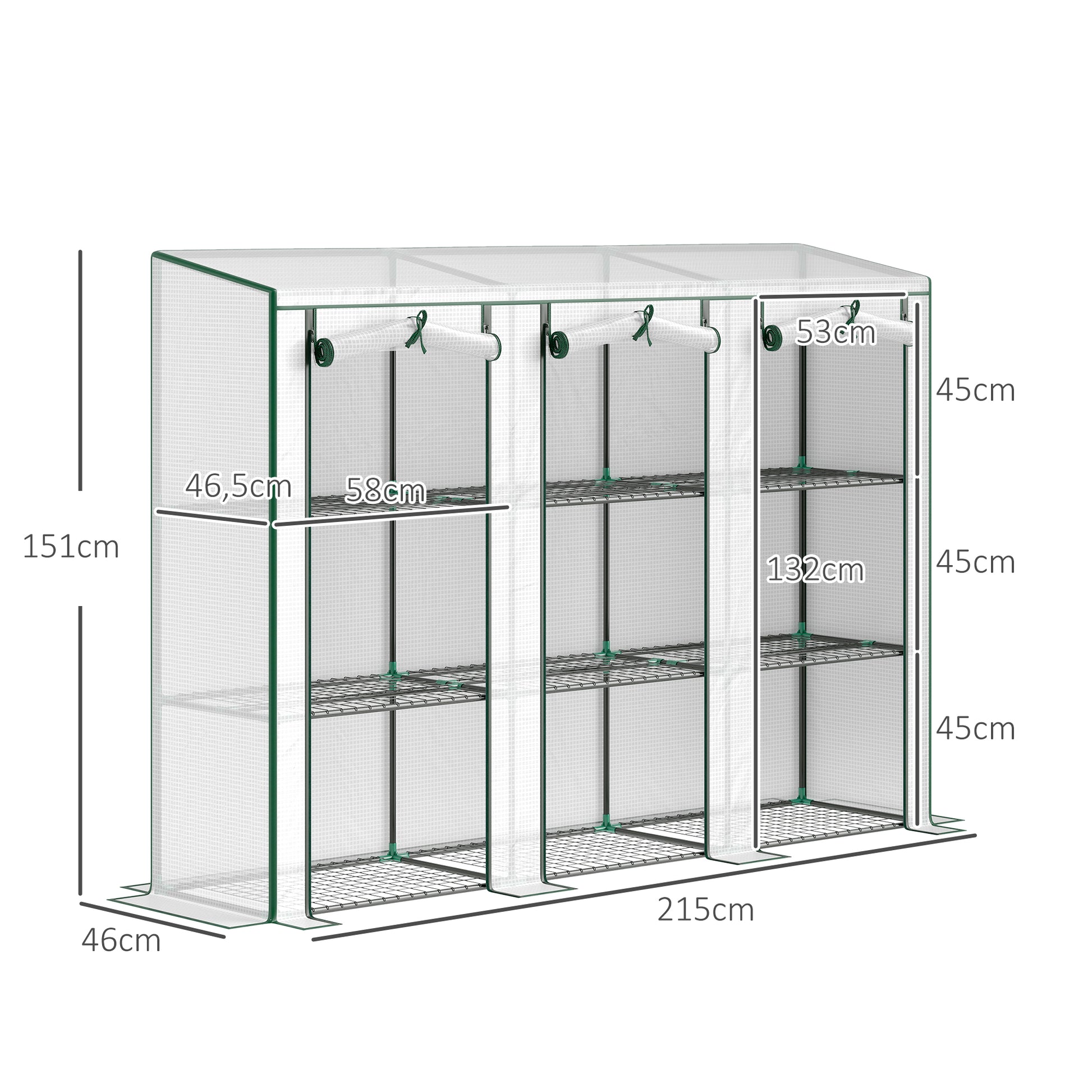 Outsunny Invernadero de Exterior de 3 Niveles Invernadero de Jardín con 9 Estantes Puerta Enrollable con Cremallera Marco de Acero Cubierta de PE 140g/m² Anti-UV para Terraza 215x46x151cm Blanco