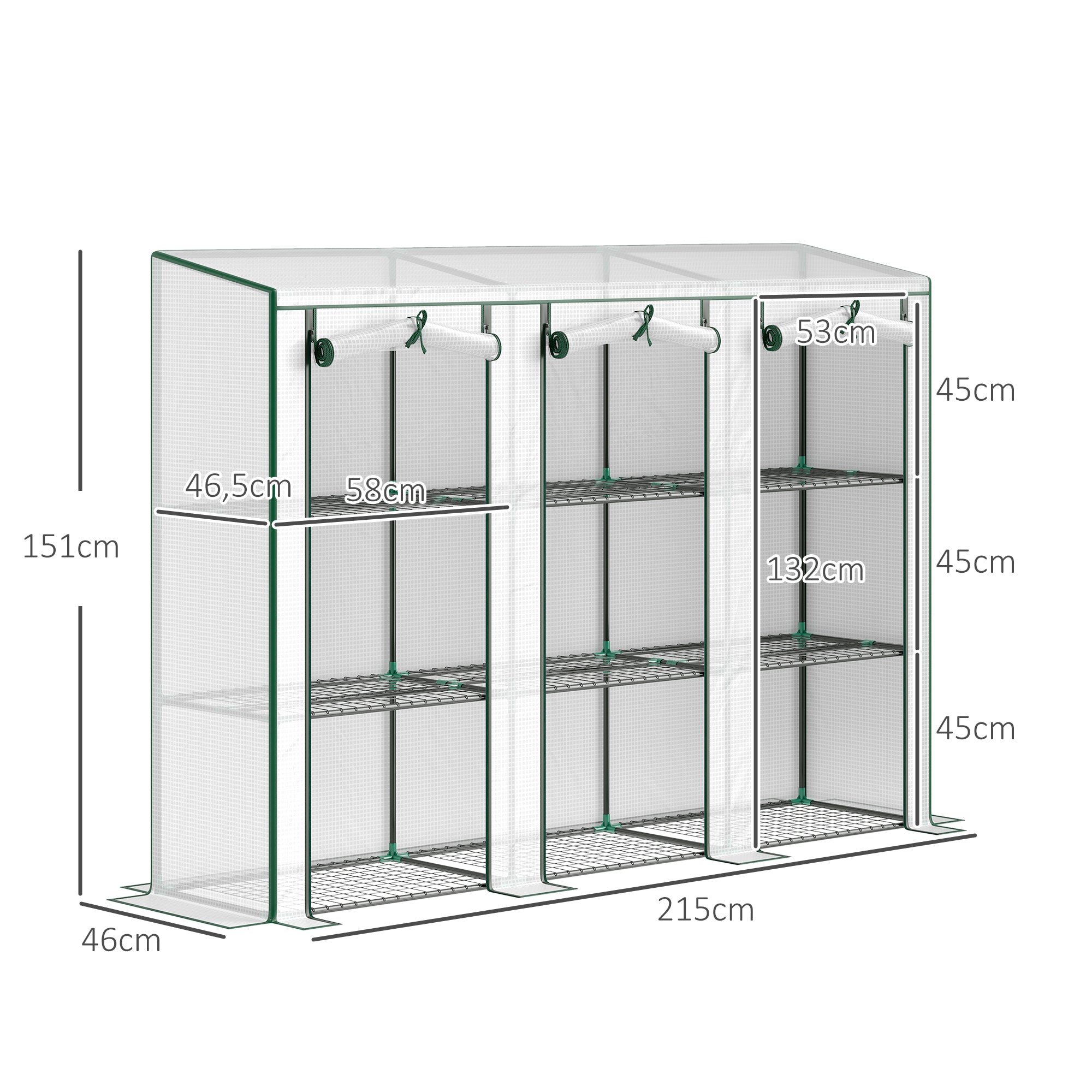 Outsunny Invernadero de Exterior de 3 Niveles Invernadero de Jardín con 9 Estantes Puerta Enrollable con Cremallera Marco de Acero Cubierta de PE 140g/m² Anti-UV para Terraza 215x46x151cm Blanco