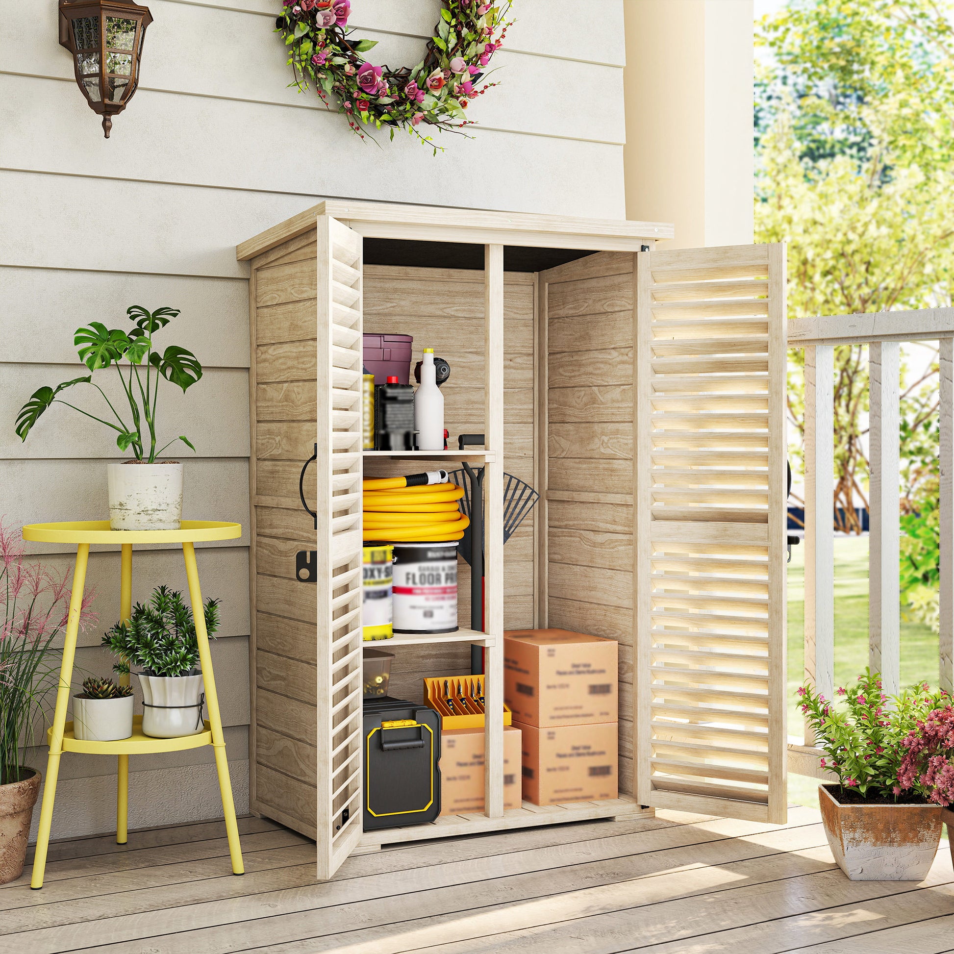 Outsunny Caseta de Jardín de Madera, 75x50x118 cm, Cobertizo Jardín Exterior, Armario para Almacenaje Herramientas, con 2 Puertas de Persiana 2 Estantes y Techo Impermeable para Patio Terraza, Natural