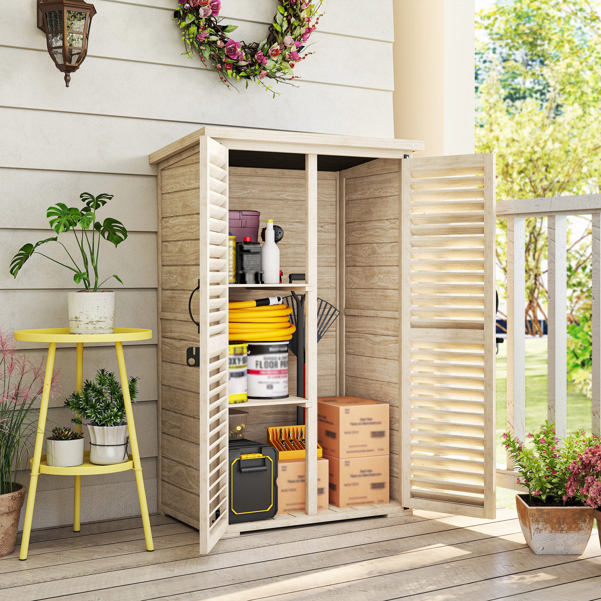 Outsunny Caseta de Jardín de Madera, 75x50x118 cm, Cobertizo Jardín Exterior, Armario para Almacenaje Herramientas, con 2 Puertas de Persiana 2 Estantes y Techo Impermeable para Patio Terraza, Natural