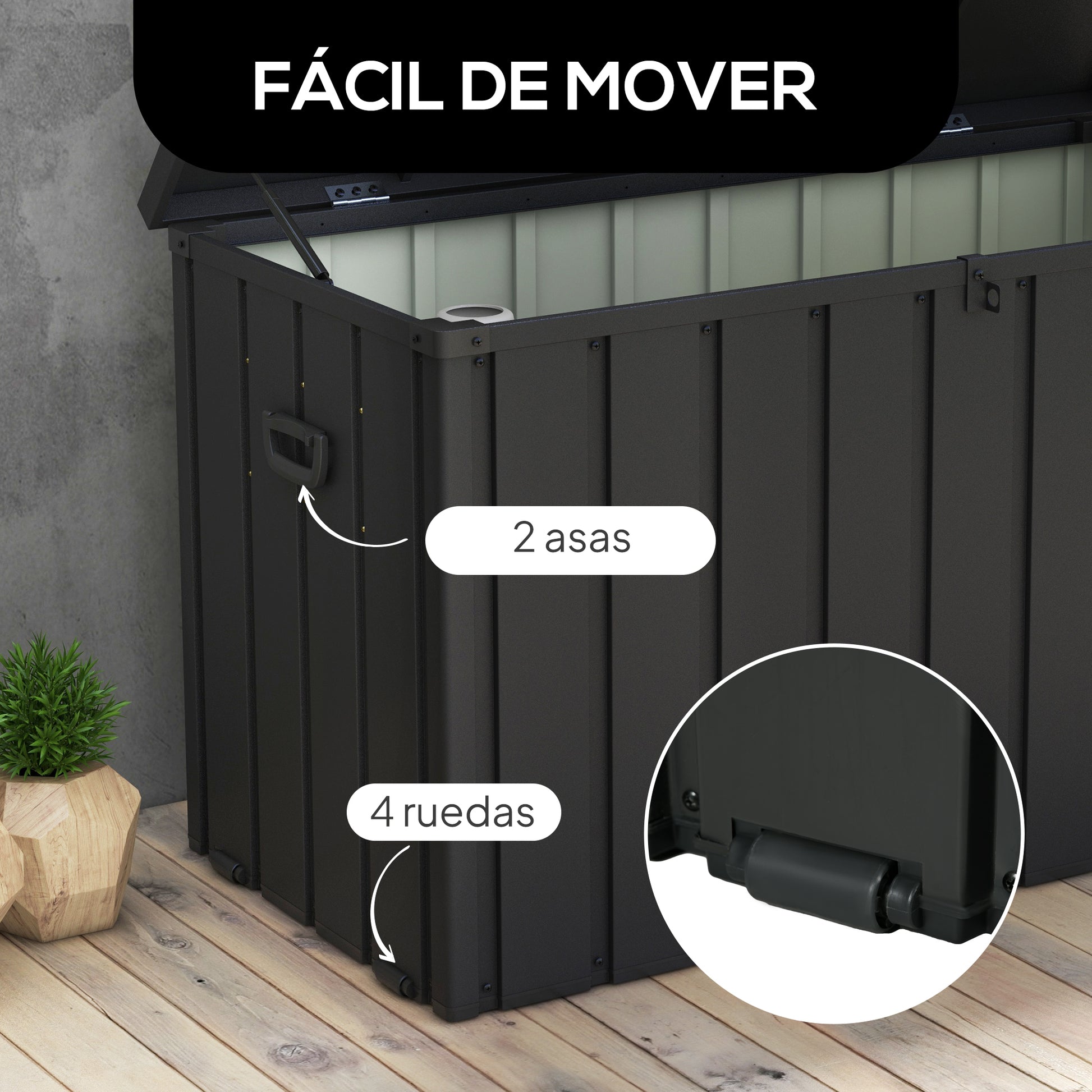 Outsunny Arcón Exterior Capacidad 450L, Baúl Almacenaje Exterior de Acero con 4 Ruedas, 2 Asas y Tapa Bloqueable, Resistente a la Intemperie, para Jardín, Terraza, Patio, 125,5x61,5x70 cm, Gris Oscuro