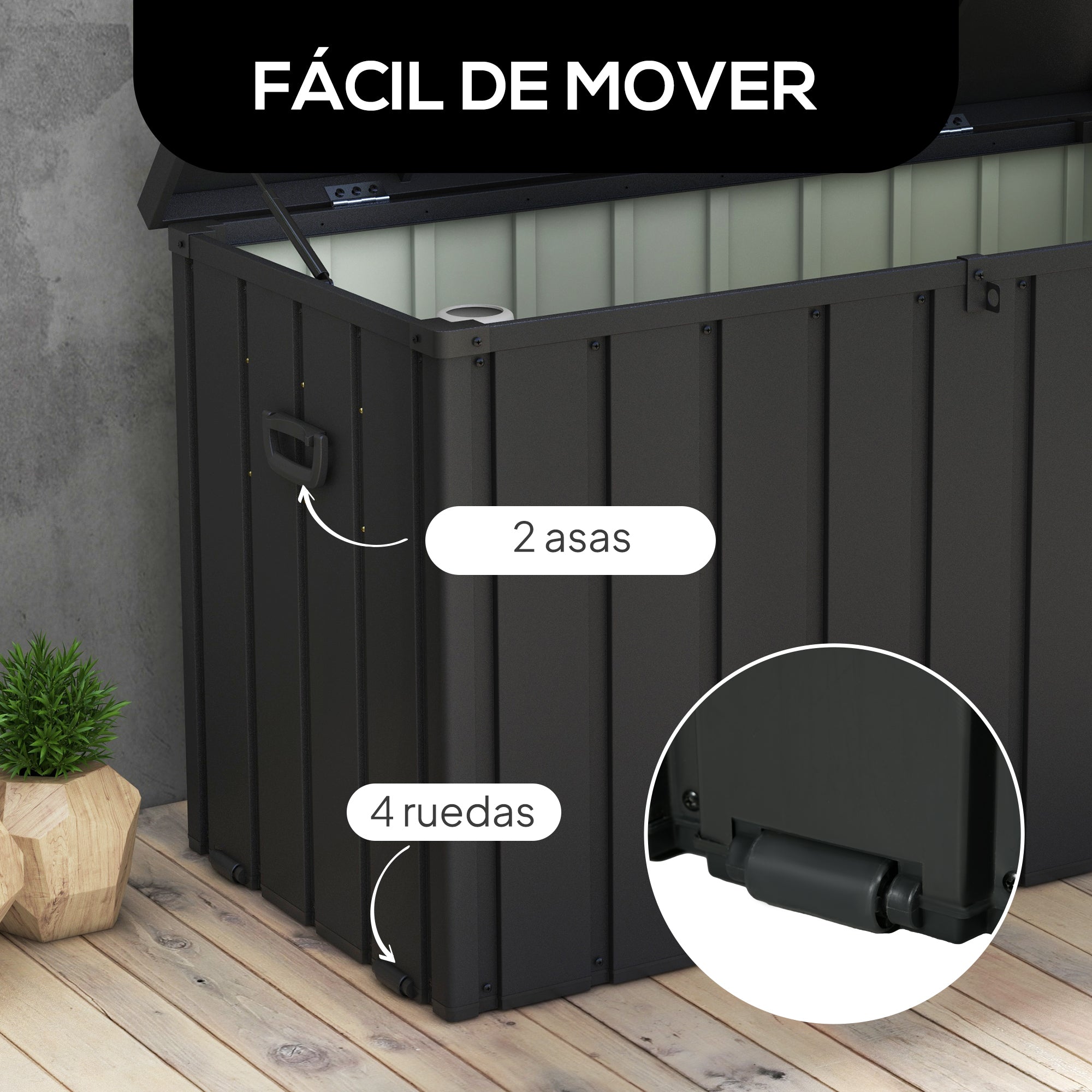 Outsunny Arcón Exterior Capacidad 450L, Baúl Almacenaje Exterior de Acero con 4 Ruedas, 2 Asas y Tapa Bloqueable, Resistente a la Intemperie, para Jardín, Terraza, Patio, 125,5x61,5x70 cm, Gris Oscuro