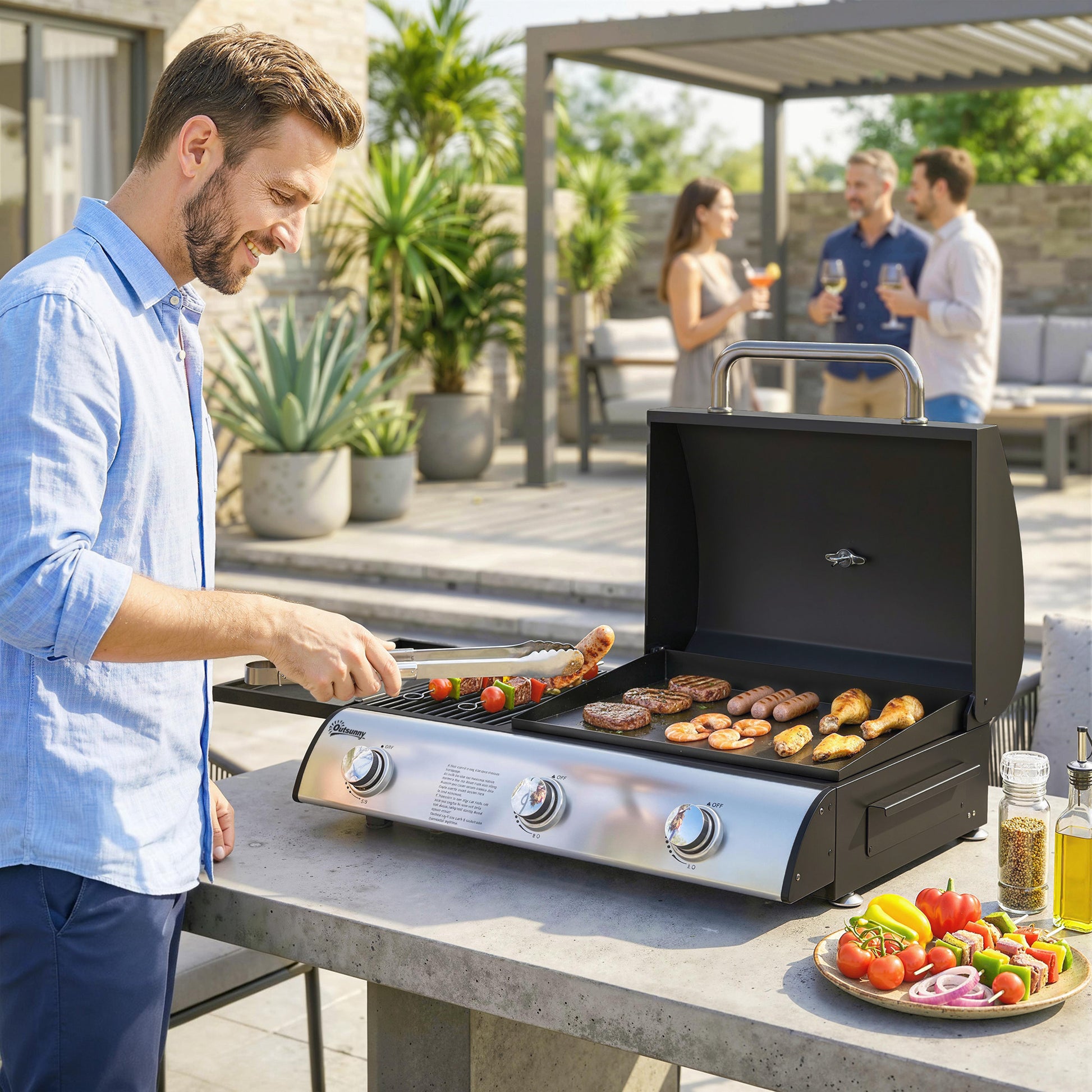 Outsunny Barbacoa de Gas BBQ Gas con 3 Quemadores 7,5 kW, Barbacoa de Mesa Portátil con Parrilla, Plancha, Estante Lateral Convertible, Termómetro, Tapa, Caja de Goteo, Patas Ajustables, Negro