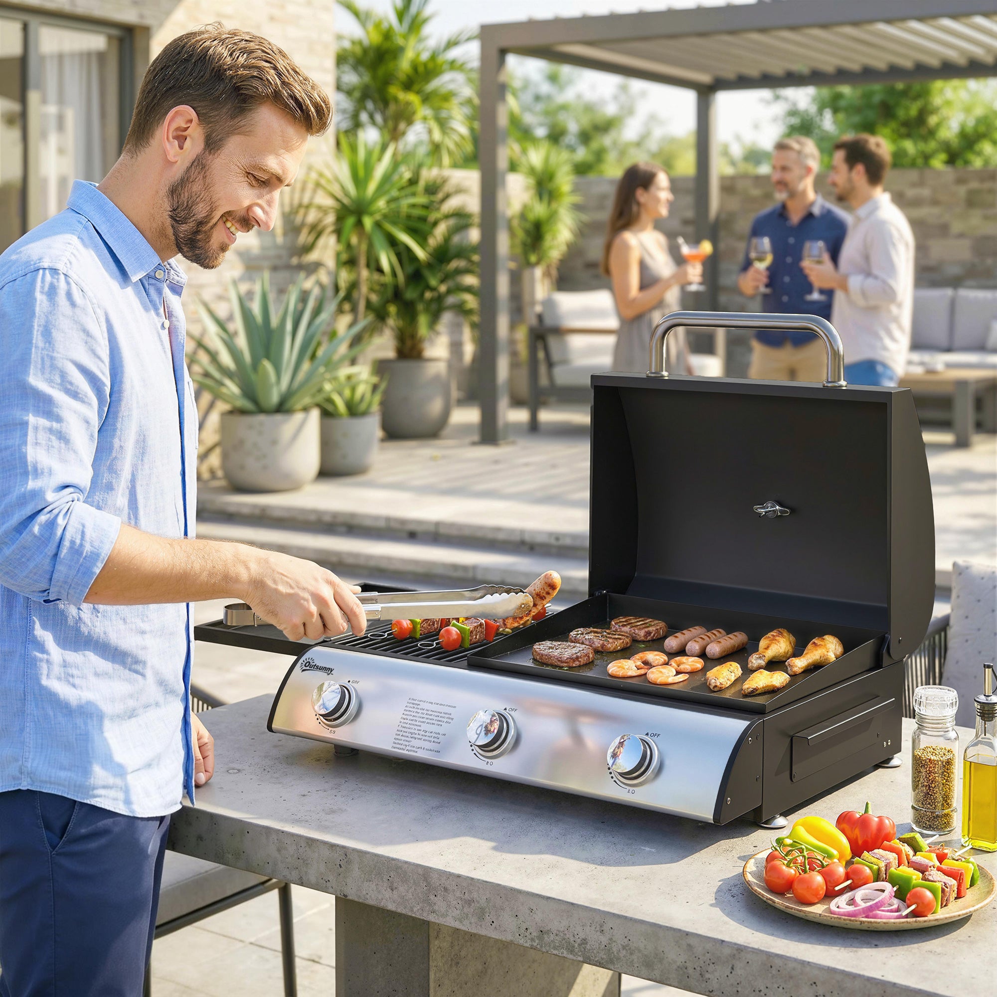 Outsunny Barbacoa de Gas BBQ Gas con 3 Quemadores 7,5 kW, Barbacoa de Mesa Portátil con Parrilla, Plancha, Estante Lateral Convertible, Termómetro, Tapa, Caja de Goteo, Patas Ajustables, Negro