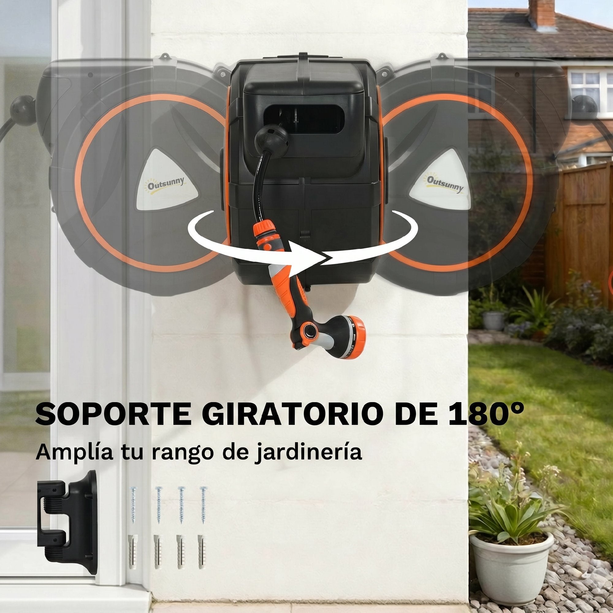 Outsunny Enrollador de Manguera para Jardín 28+2 m con 12 Modos de Rociado, Carrete de Manguera de Jardín de Pared con Bloqueo Automático y Retracción Controlada, Soporte Orientable 180°, Naranja