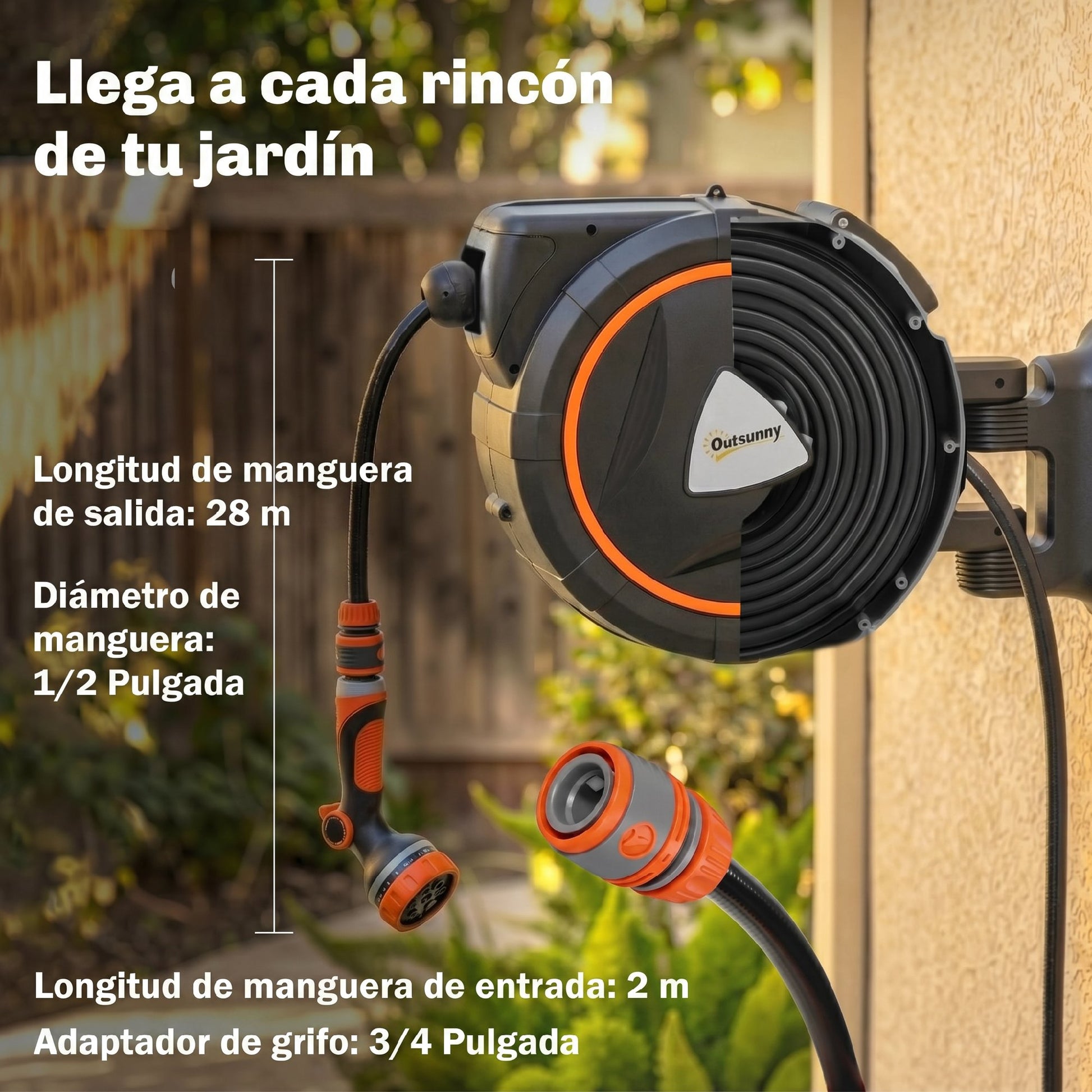 Outsunny Enrollador de Manguera para Jardín 28+2 m con 12 Modos de Rociado, Carrete de Manguera de Jardín de Pared con Bloqueo Automático y Retracción Controlada, Soporte Orientable 180°, Naranja