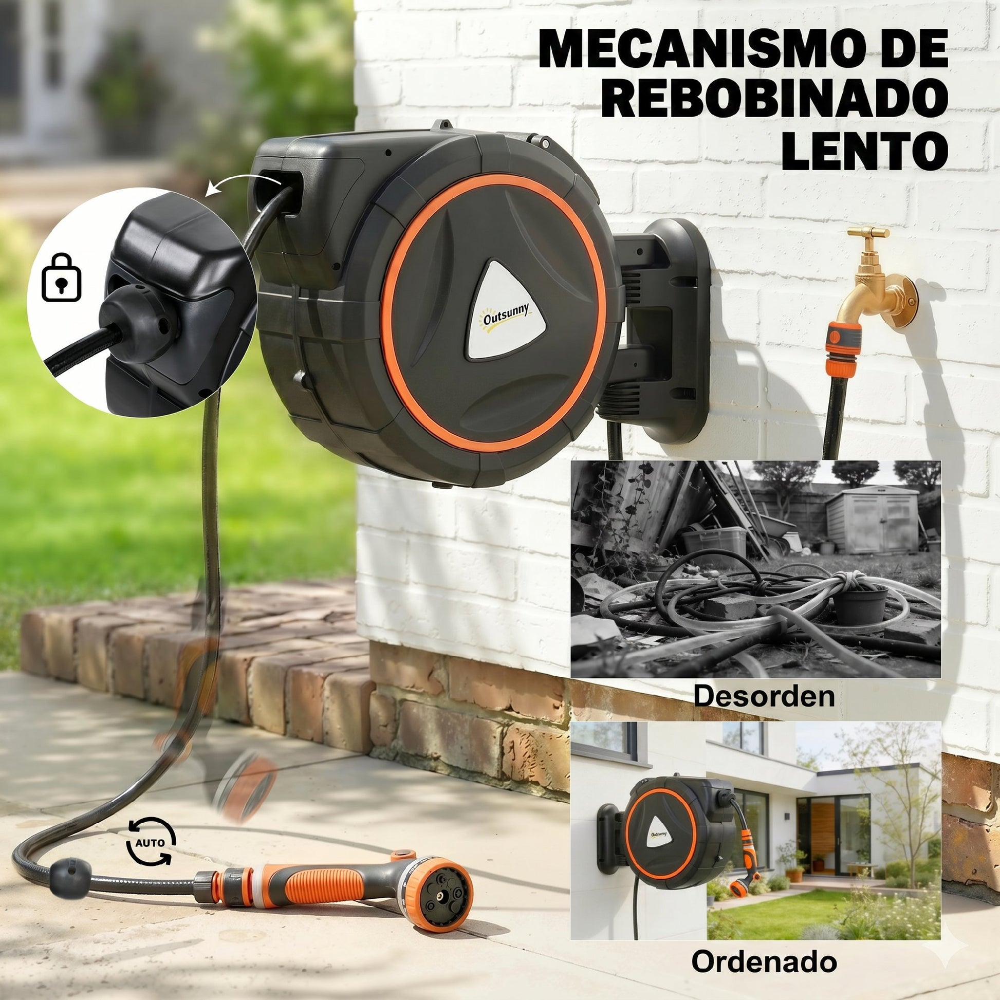 Outsunny Enrollador de Manguera para Jardín 28+2 m con 12 Modos de Rociado, Carrete de Manguera de Jardín de Pared con Bloqueo Automático y Retracción Controlada, Soporte Orientable 180°, Naranja