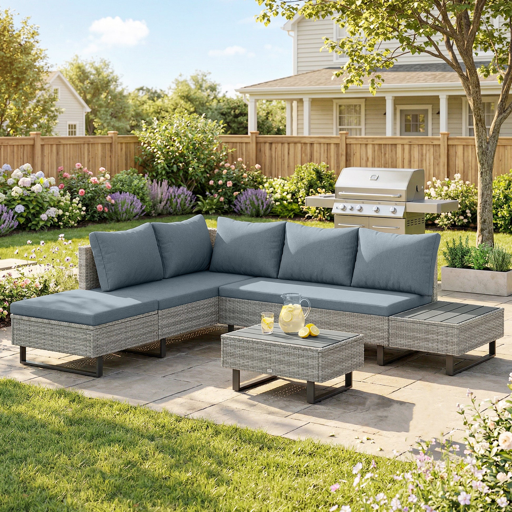 Outsunny Conjunto de Jardín de Ratán de 3 Piezas, Respaldo Ajustable, Conjunto Terraza, Muebles Jardín Exterior Incluye Cojines, Sofá de 3 Plazas, Sofá de 2 Plazas, Mesa de Madera Plástico, Gris