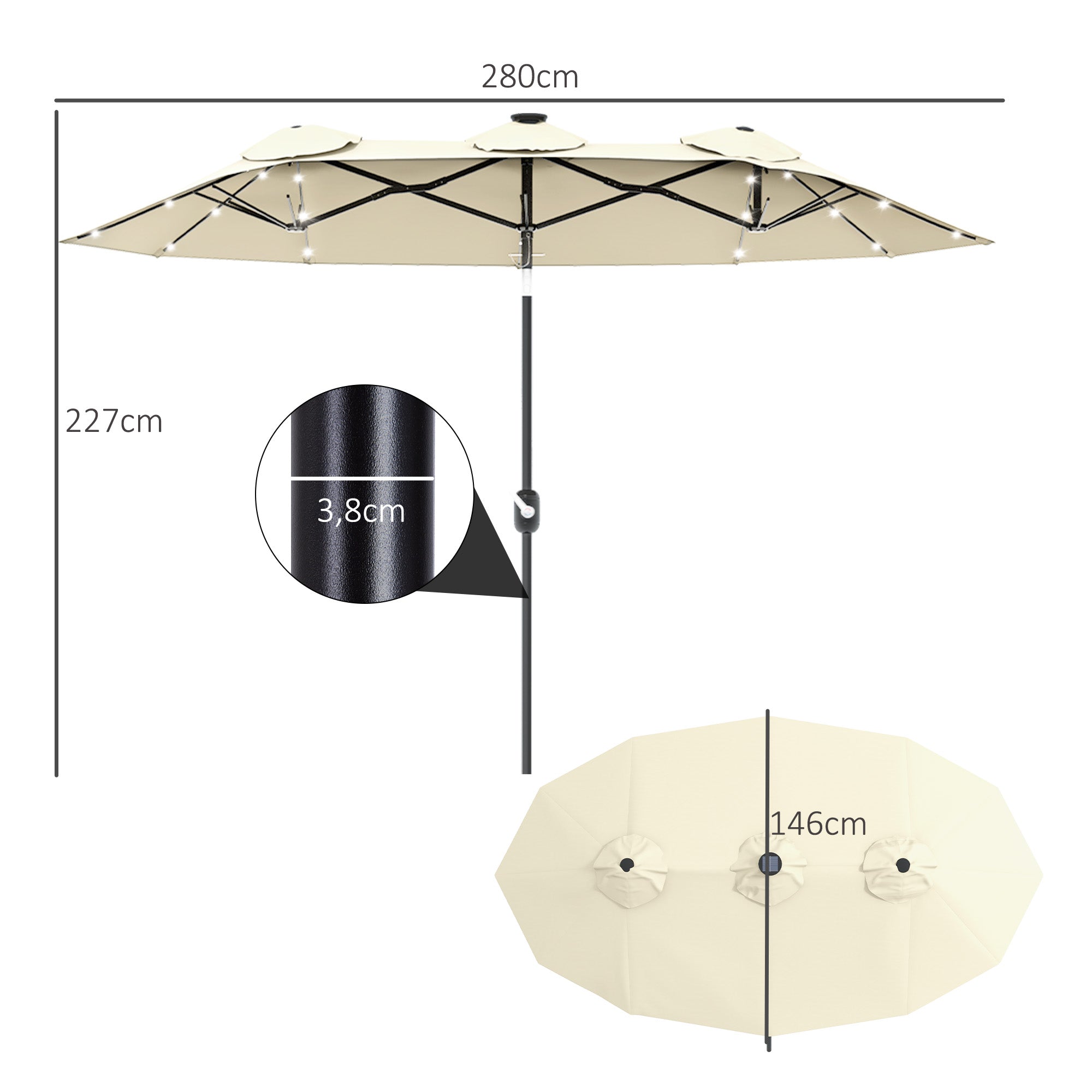 Outsunny Sombrilla Doble con Luces LED 280x146x227 cm Sombrilla de Jardín con Inclinación de 45° Manivela y Costillas de Acero para Terraza Balcón Piscina Beige