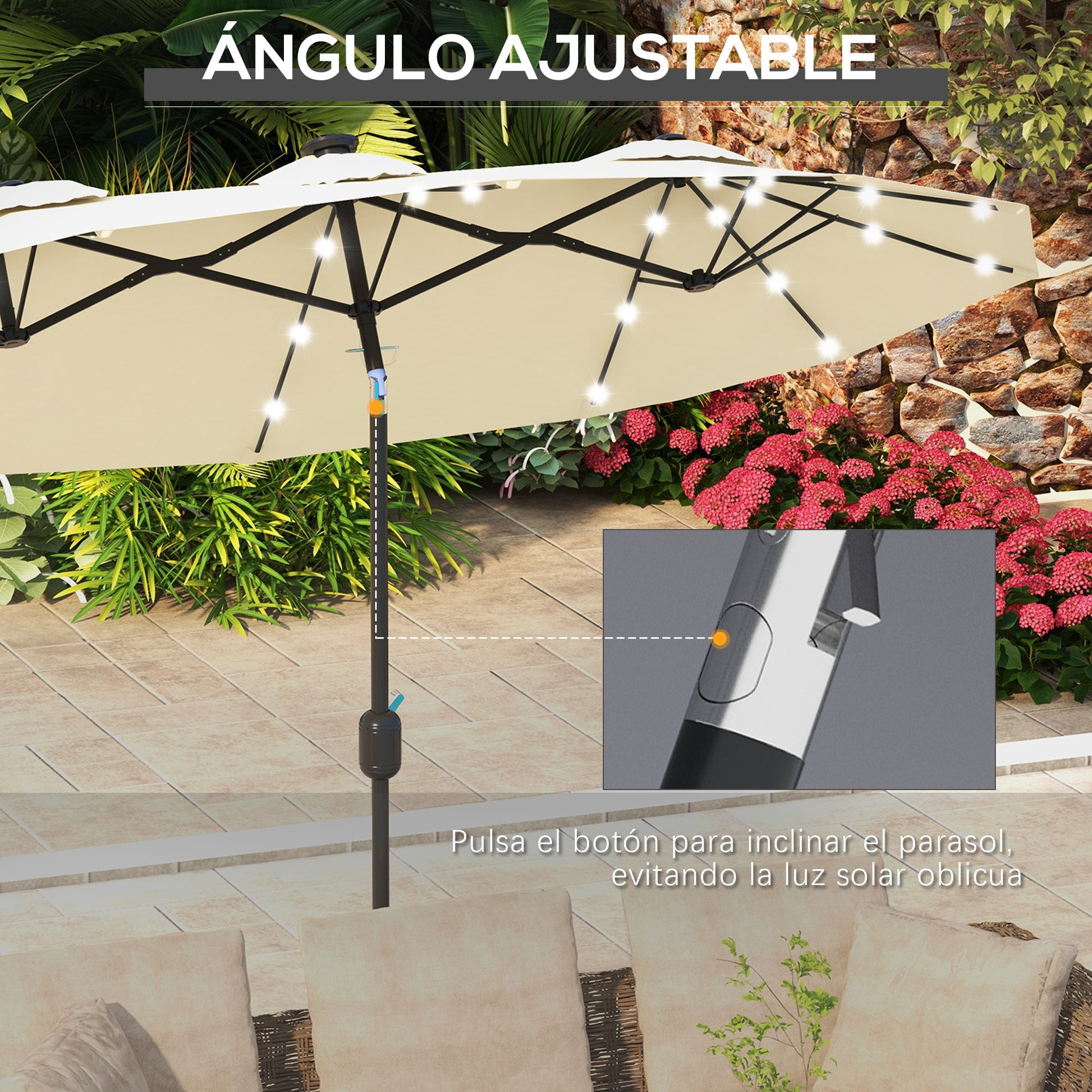 Outsunny Sombrilla Doble con Luces LED 280x146x227 cm Sombrilla de Jardín con Inclinación de 45° Manivela y Costillas de Acero para Terraza Balcón Piscina Beige