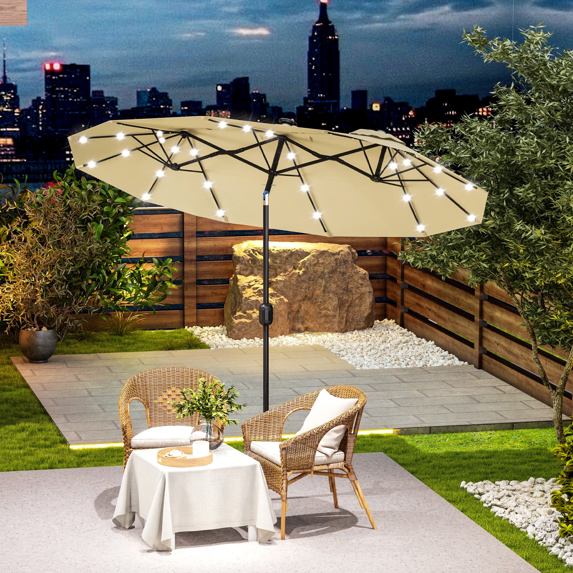 Outsunny Sombrilla Doble con Luces LED 280x146x227 cm Sombrilla de Jardín con Inclinación de 45° Manivela y Costillas de Acero para Terraza Balcón Piscina Beige