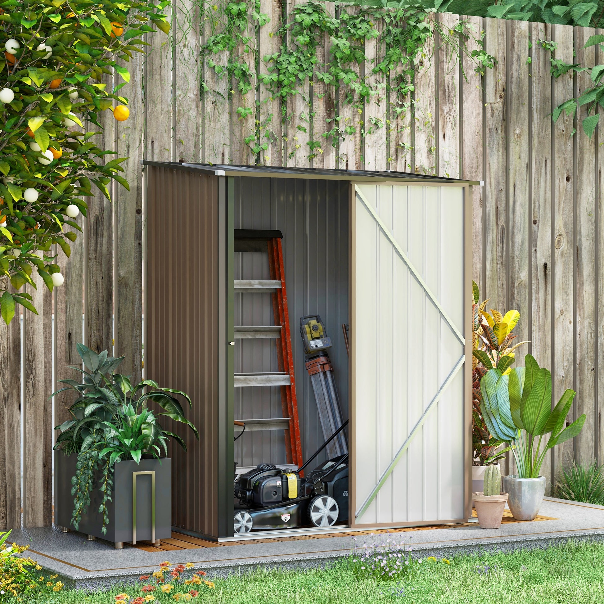 Outsunny Cobertizo de Jardín de Exterior 1,34 m² 161,5x94,5x196 cm Caseta de Jardín Metálica con 1 Puerta y Cerradura para Almacenamiento de Herramientas en Patio Terraza Marrón
