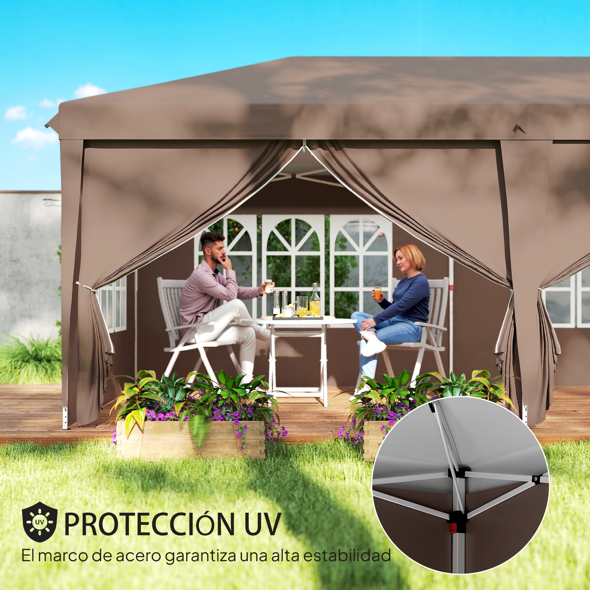 Outsunny Carpa Plegable 6x3 m, Pop-up, con 4 Laterales Desmontables, Cenador de Jardín con 4 Ventanas Visibles y Bolsa de Transporte, Impermeable, Anti-UV, Gazebo para Camping, Fiestas, Exterior, Café