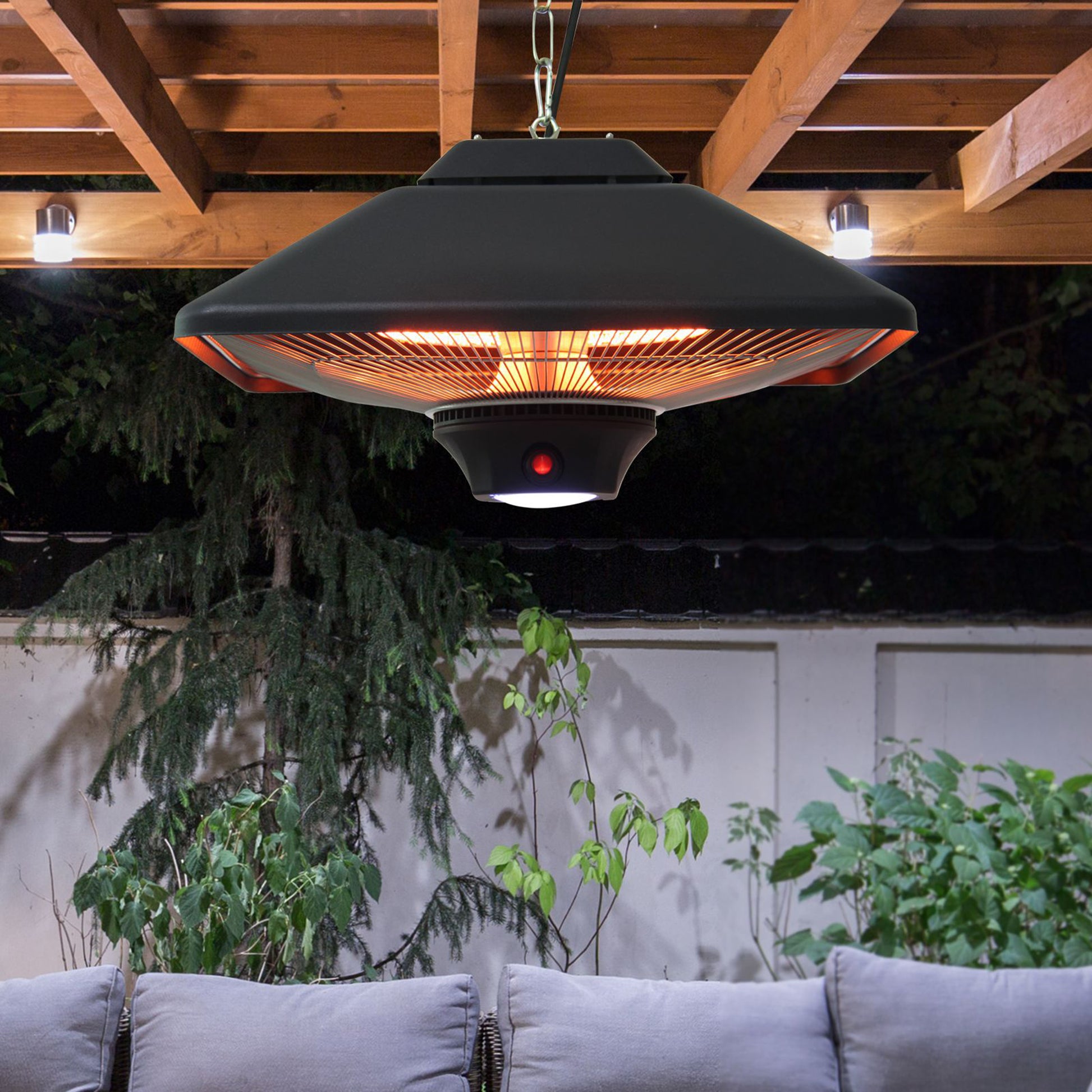 Outsunny Calefactor Exterior 1000/2000W Estufa Colgante de Techo Infrarrojos Radiante Halógeno con Control Remoto Luz LED para Interior y Exterior 43x43x25 cm Negro